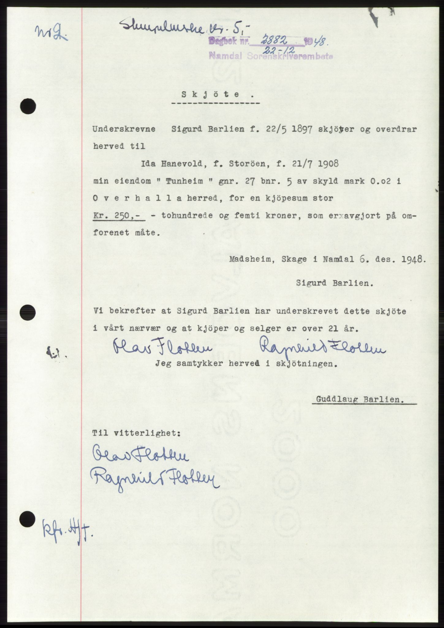 Namdal sorenskriveri, SAT/A-4133/1/2/2C: Pantebok nr. -, 1948-1948, Dagboknr: 2882/1948