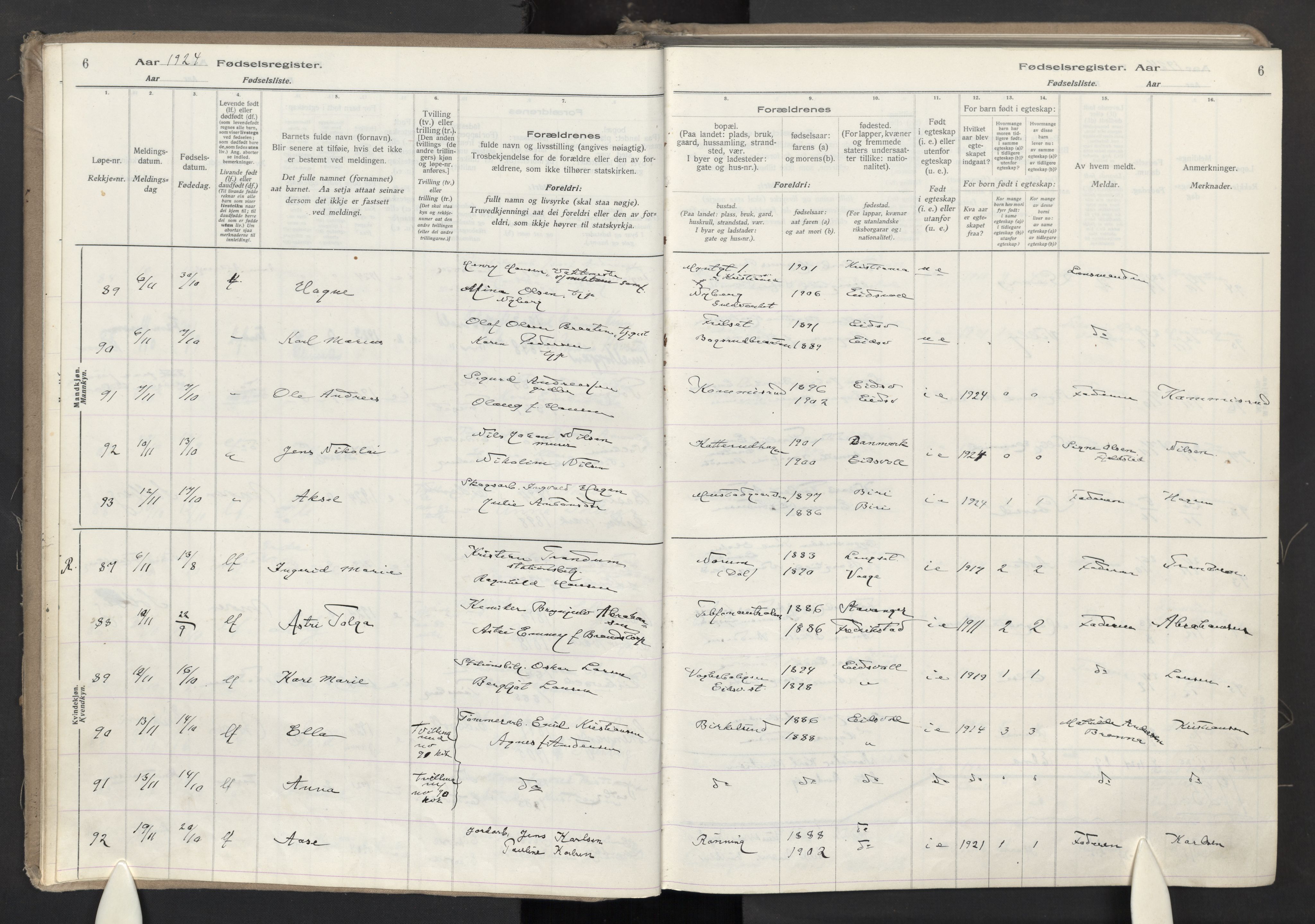 Eidsvoll prestekontor Kirkebøker, AV/SAO-A-10888/J/Ja/L0002: Fødselsregister nr. I 2, 1924-1937, s. 6