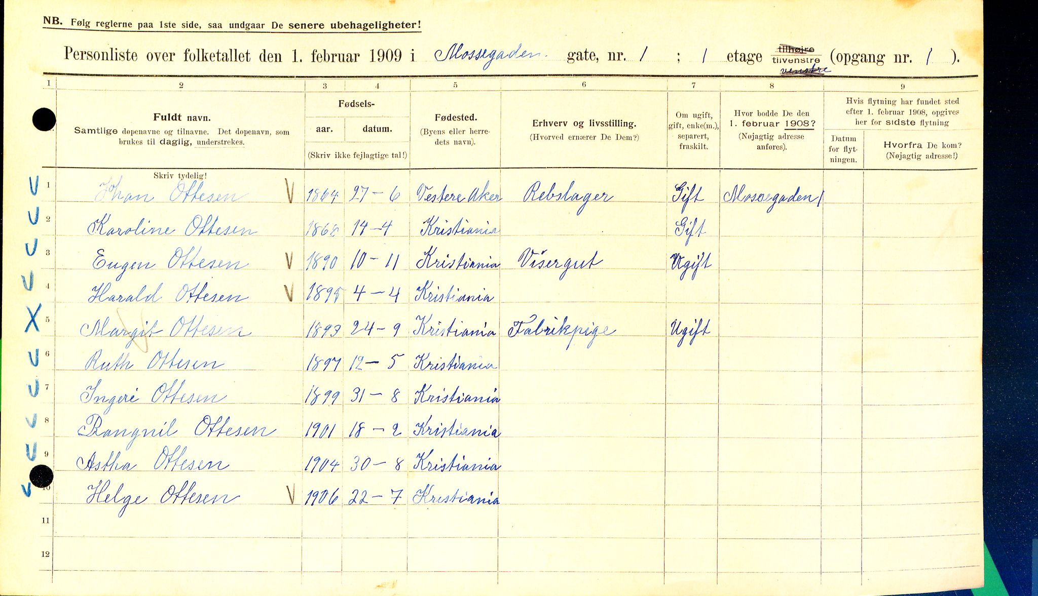 OBA, Kommunal folketelling 1.2.1909 for Kristiania kjøpstad, 1909, s. 59445