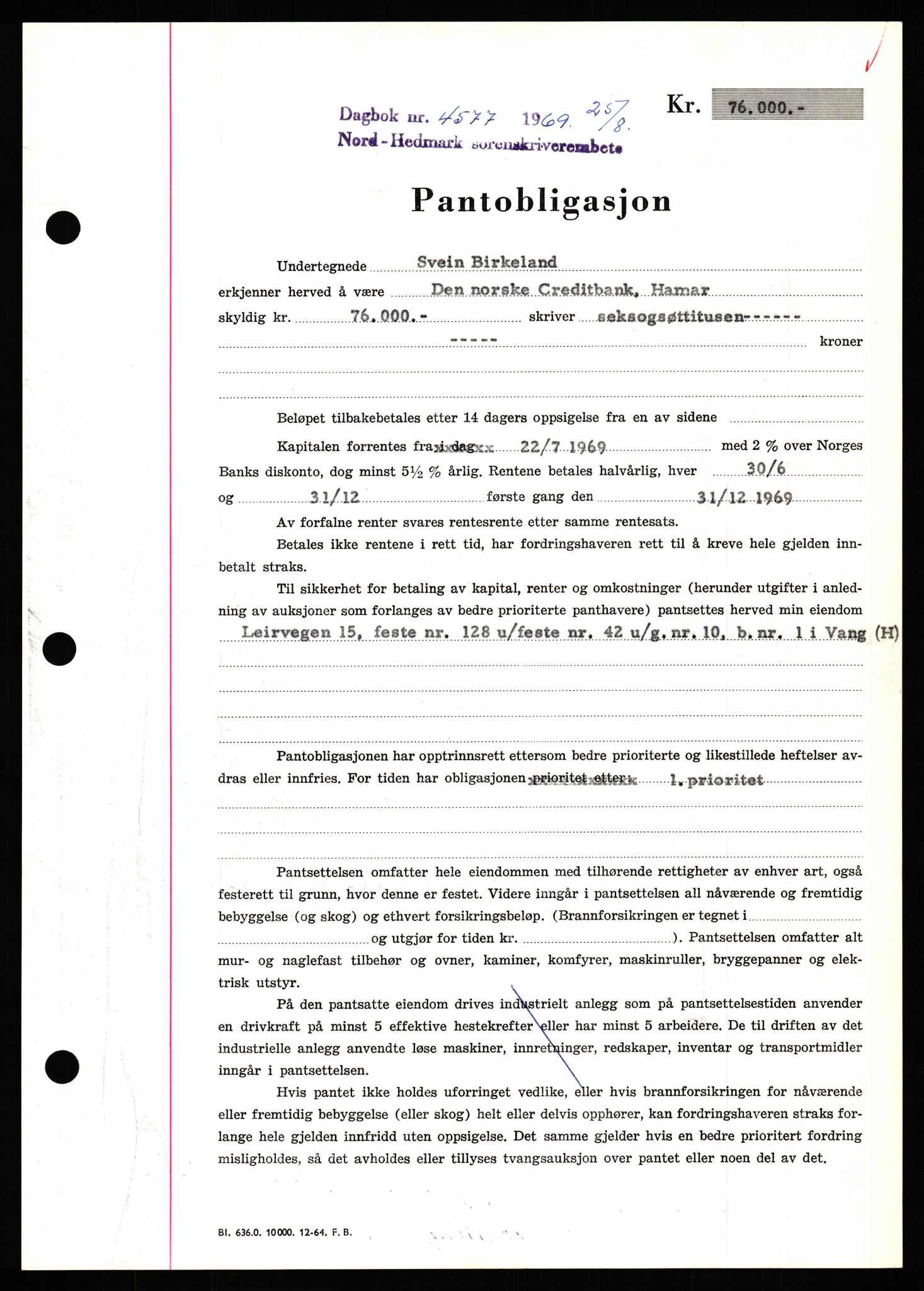 Nord-Hedmark sorenskriveri, SAH/TING-012/H/Hb/Hbf/L0081: Pantebok nr. B81, 1969-1969, Dagboknr: 4577/1969
