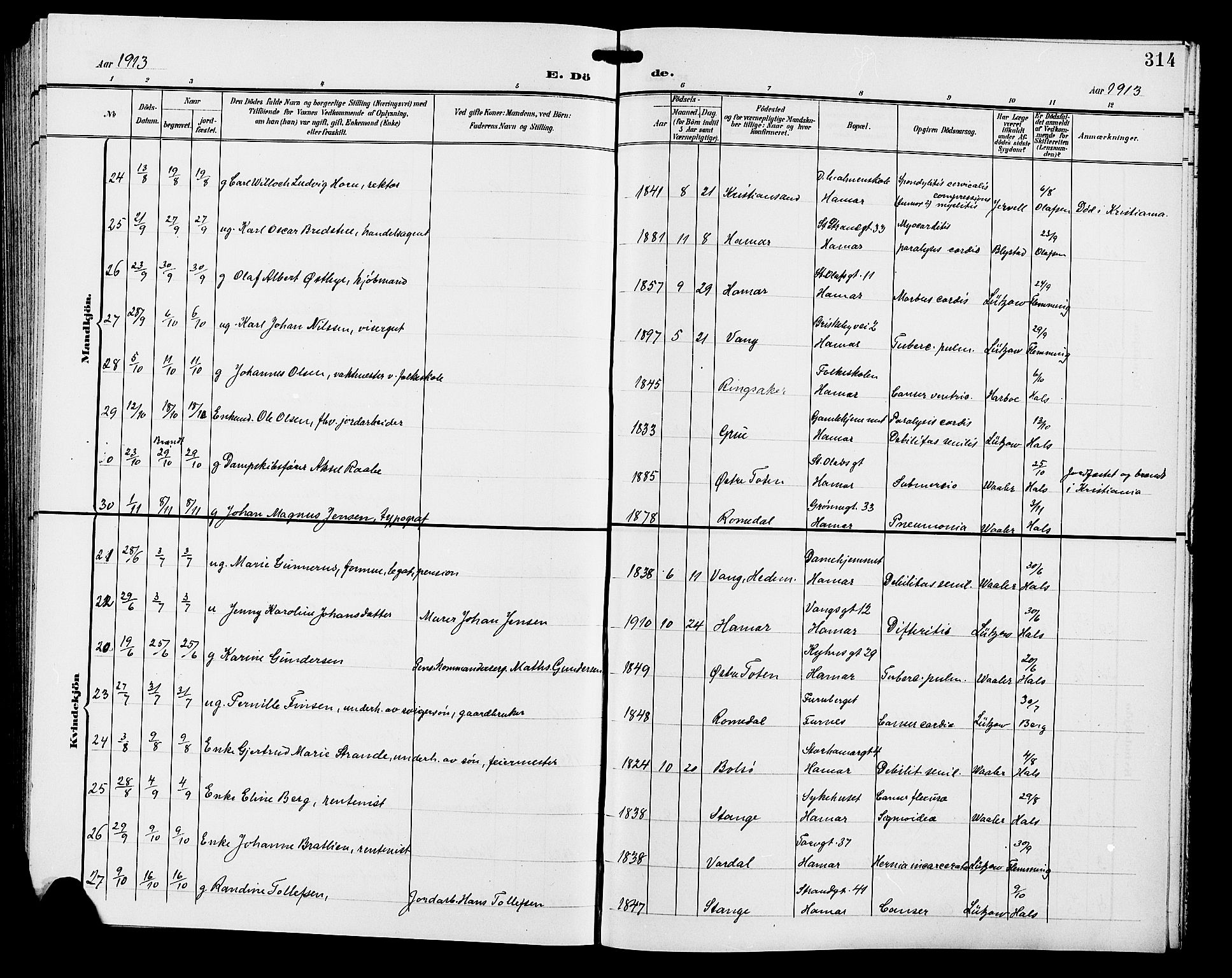Hamar prestekontor, AV/SAH-DOMPH-002/H/Ha/Hab/L0001: Klokkerbok nr. 1, 1899-1914, s. 314