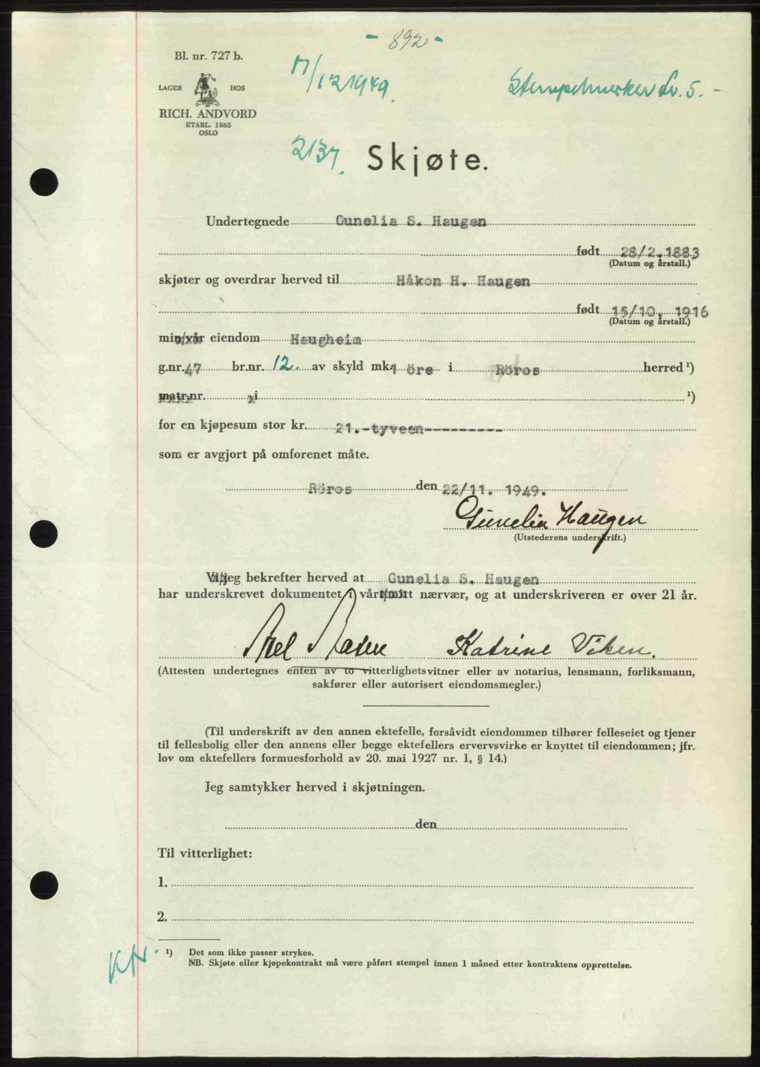 Gauldal sorenskriveri, SAT/A-0014/1/2/2C: Pantebok nr. A9, 1949-1950, Dagboknr: 2137/1949
