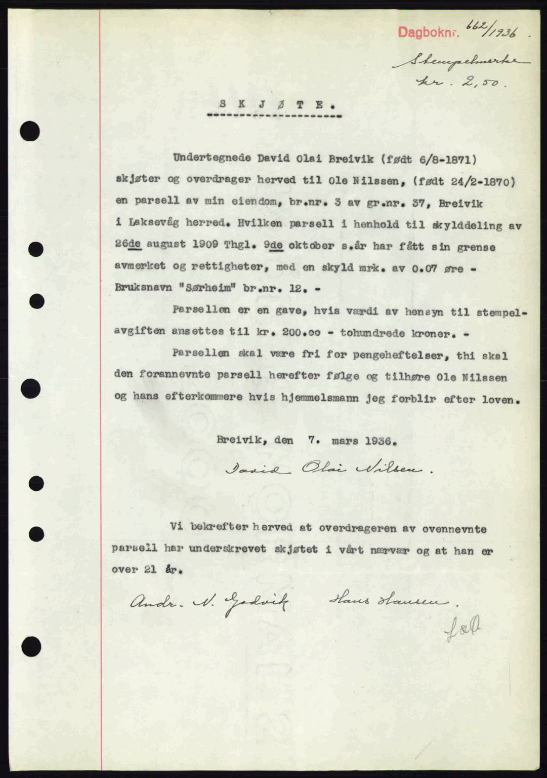 Midhordland sorenskriveri, SAB/A-3001/1/G/Gb/Gbk/L0001: Pantebok nr. A1-6, 1936-1937, Dagboknr: 662/1936