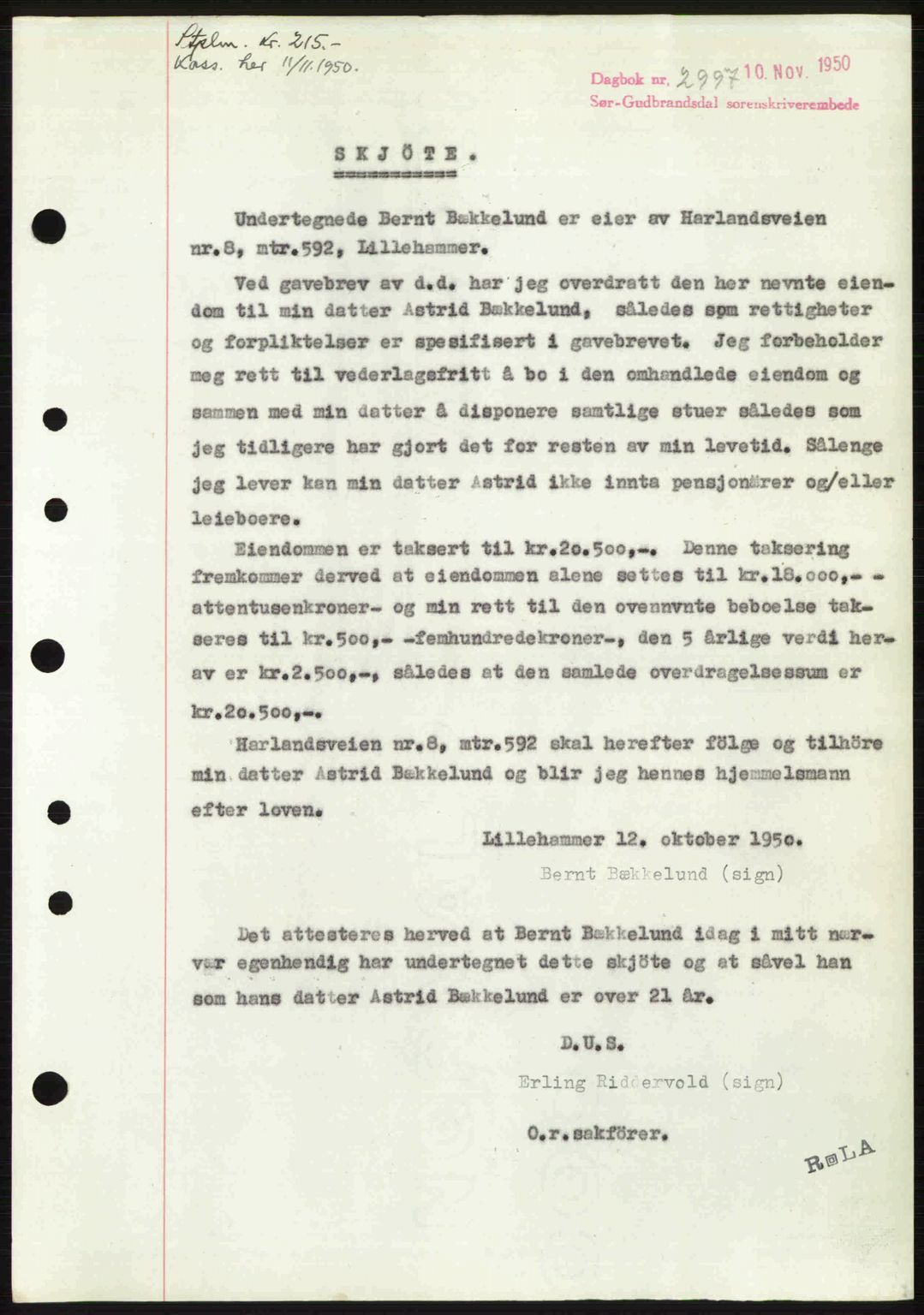 Sør-Gudbrandsdal tingrett, SAH/TING-004/H/Hb/Hbd/L0029: Pantebok nr. A29, 1950-1950, Dagboknr: 2997/1950