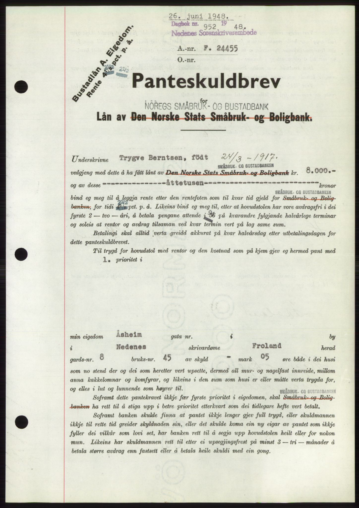 Nedenes sorenskriveri, AV/SAK-1221-0006/G/Gb/Gbb/L0005: Pantebok nr. B5, 1948-1948, Dagboknr: 952/1948