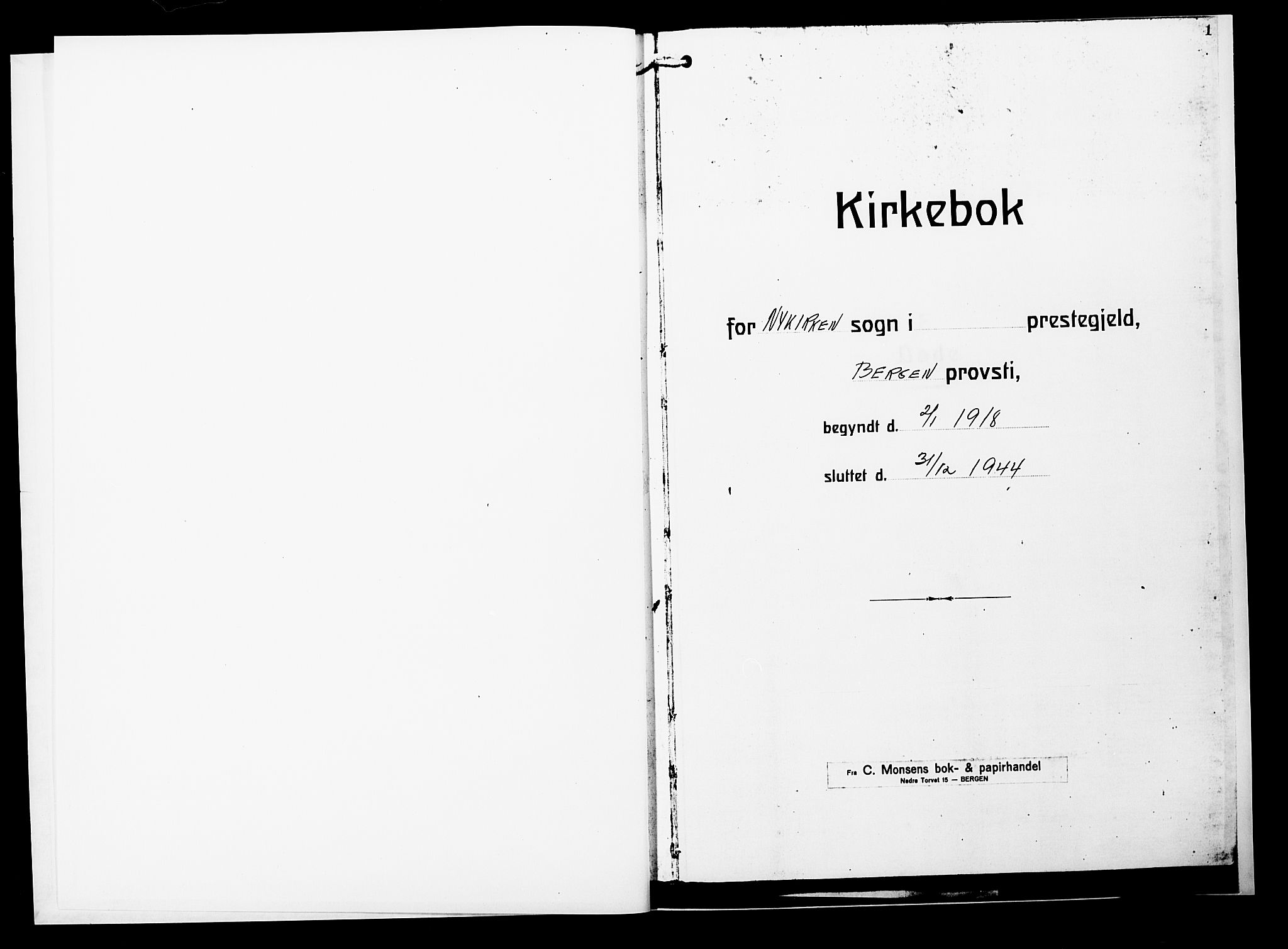 Nykirken Sokneprestembete, AV/SAB-A-77101/H/Hab: Klokkerbok nr. E 2, 1918-1924, s. 1