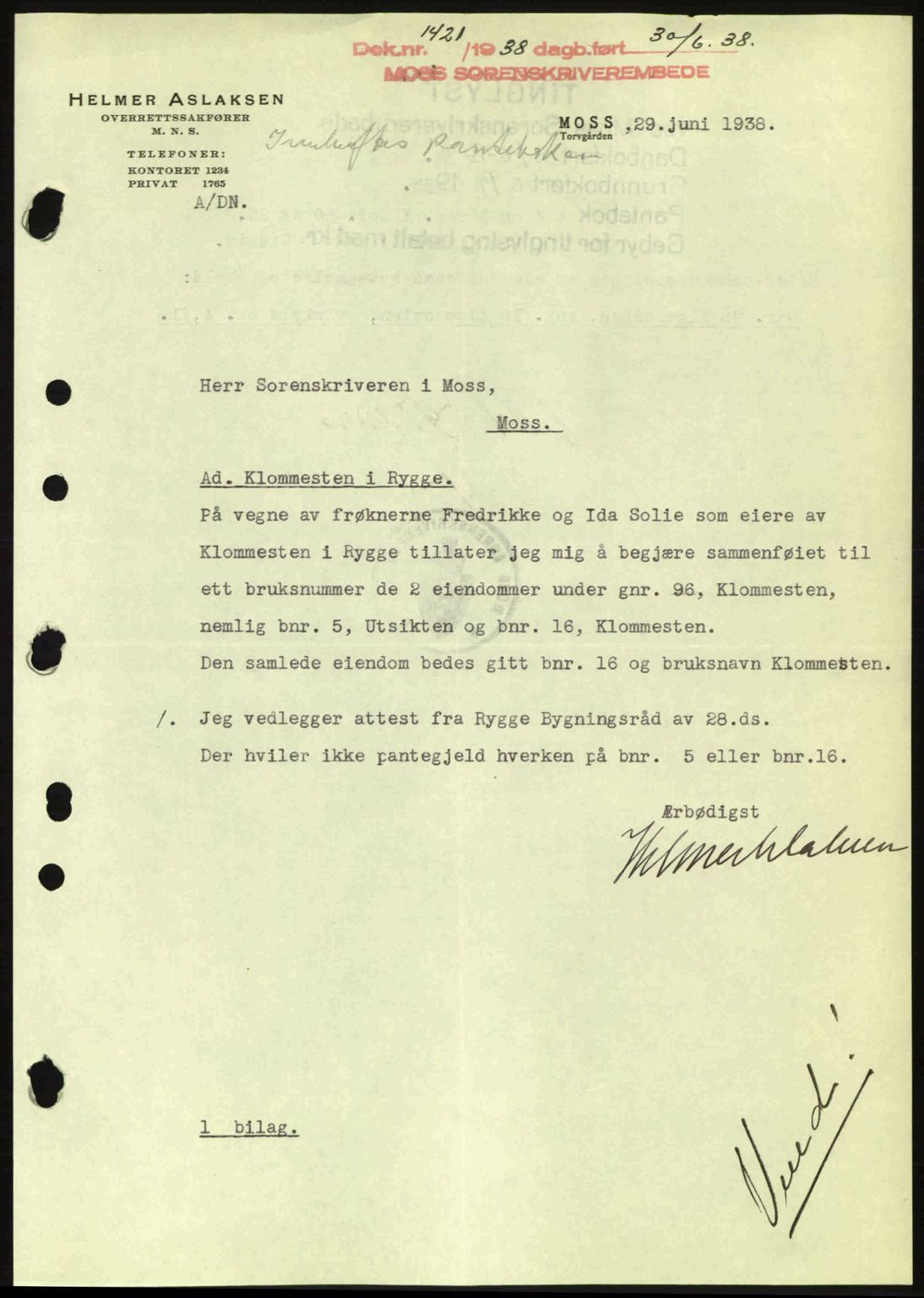 Moss sorenskriveri, SAO/A-10168: Pantebok nr. A4, 1938-1938, Dagboknr: 1421/1938