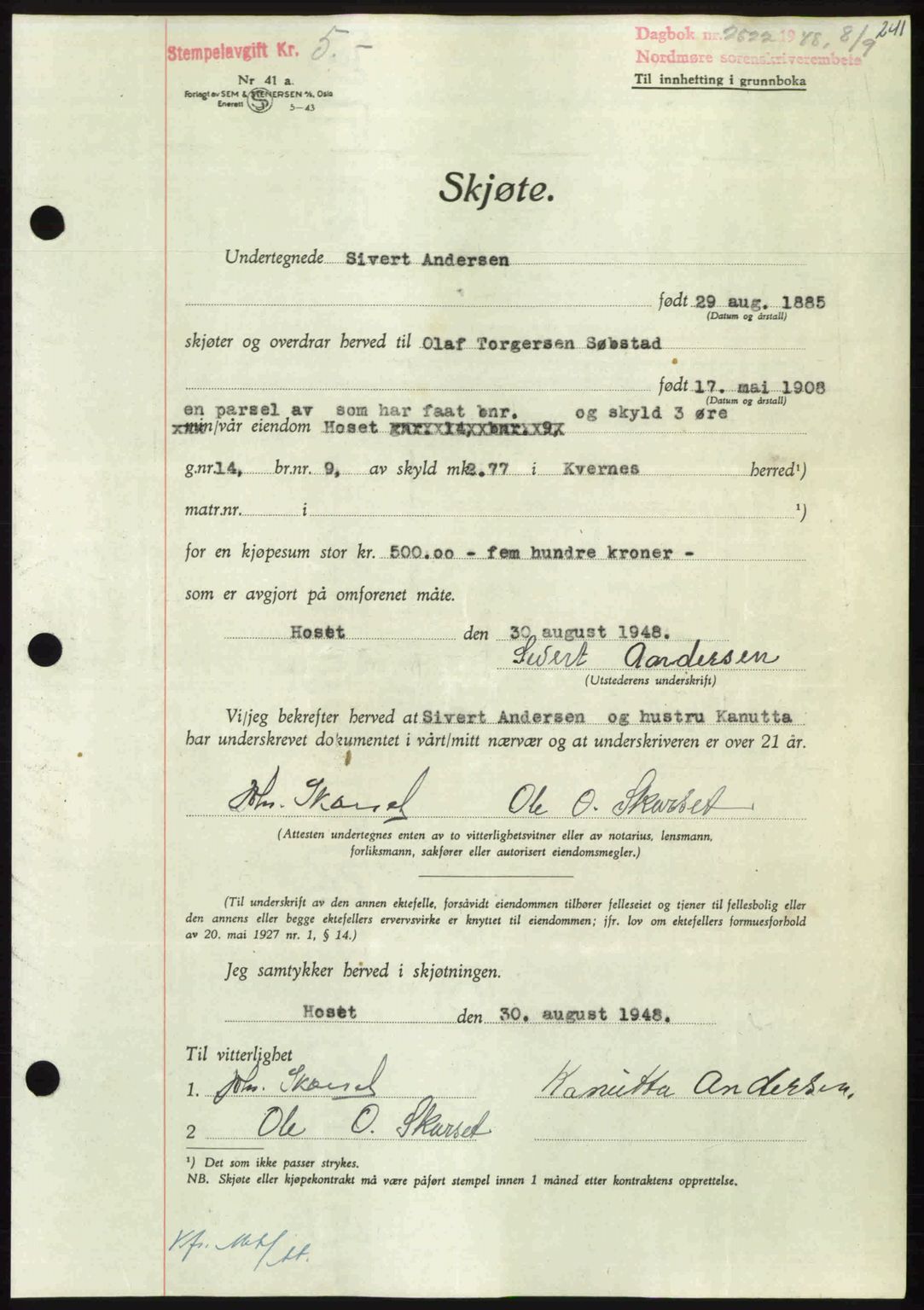 Nordmøre sorenskriveri, AV/SAT-A-4132/1/2/2Ca: Pantebok nr. A109, 1948-1948, Dagboknr: 2522/1948