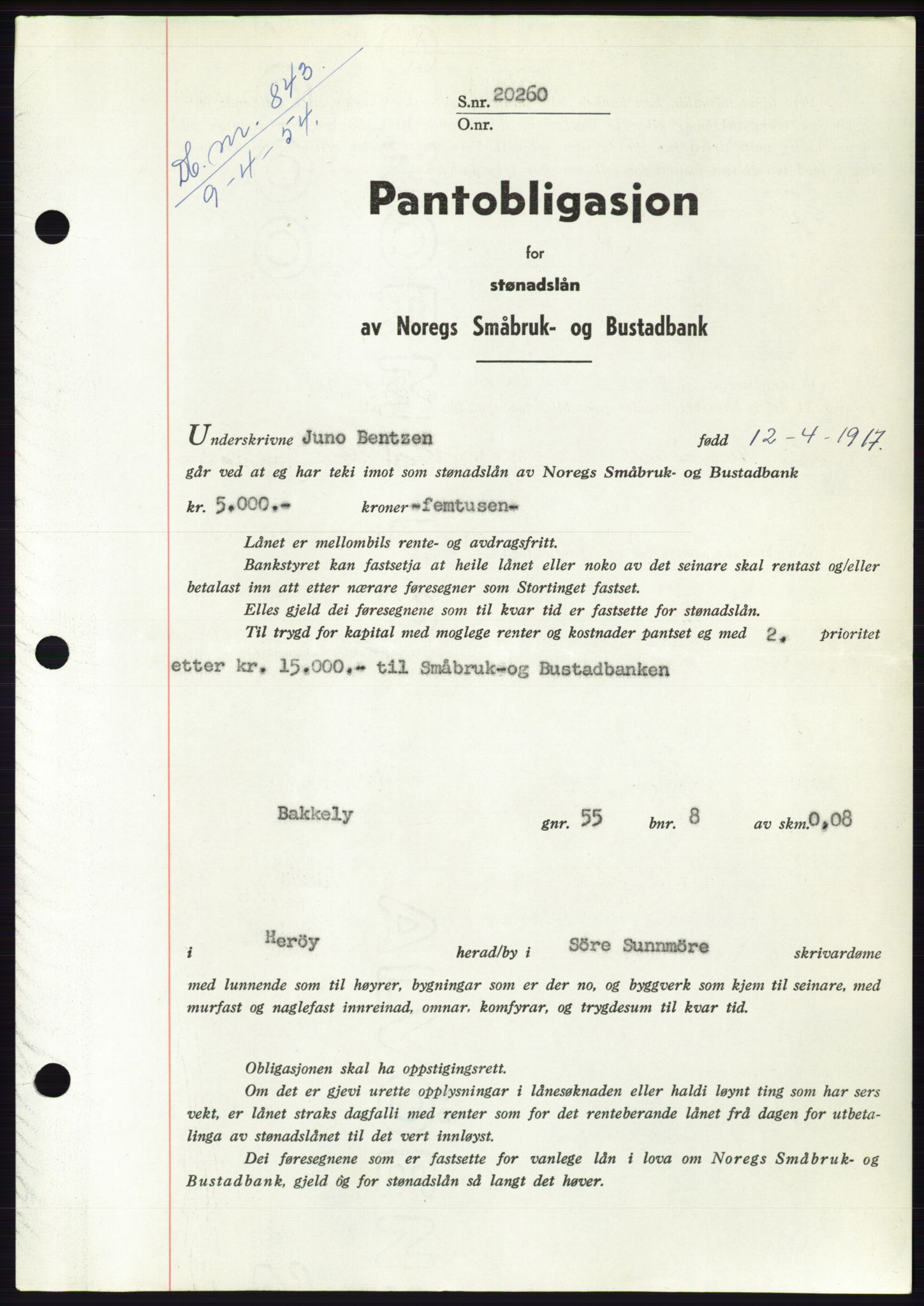 Søre Sunnmøre sorenskriveri, SAT/A-4122/1/2/2C/L0124: Pantebok nr. 12B, 1953-1954, Dagboknr: 843/1954