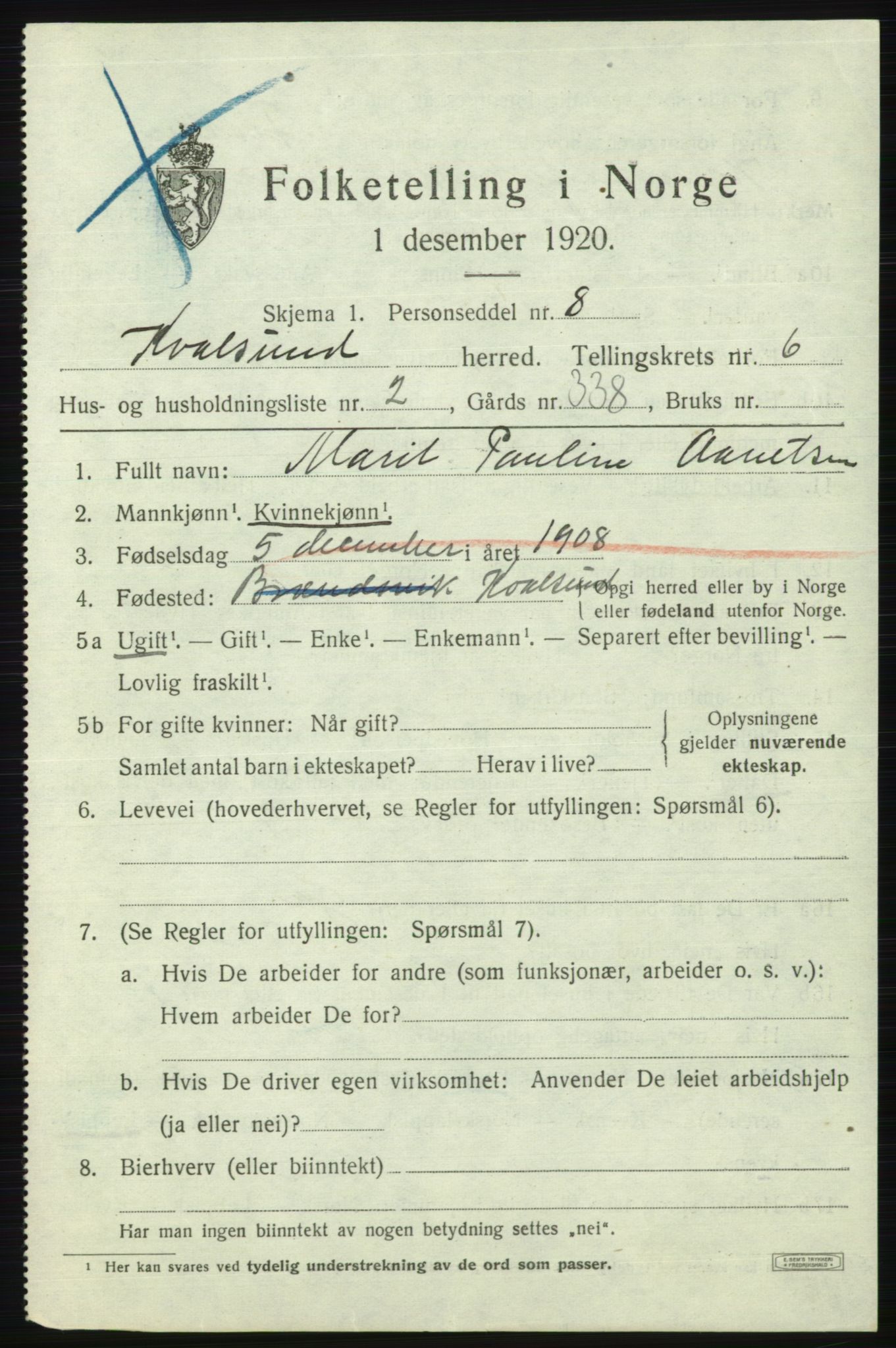 SATØ, Folketelling 1920 for 2017 Kvalsund herred, 1920, s. 2006