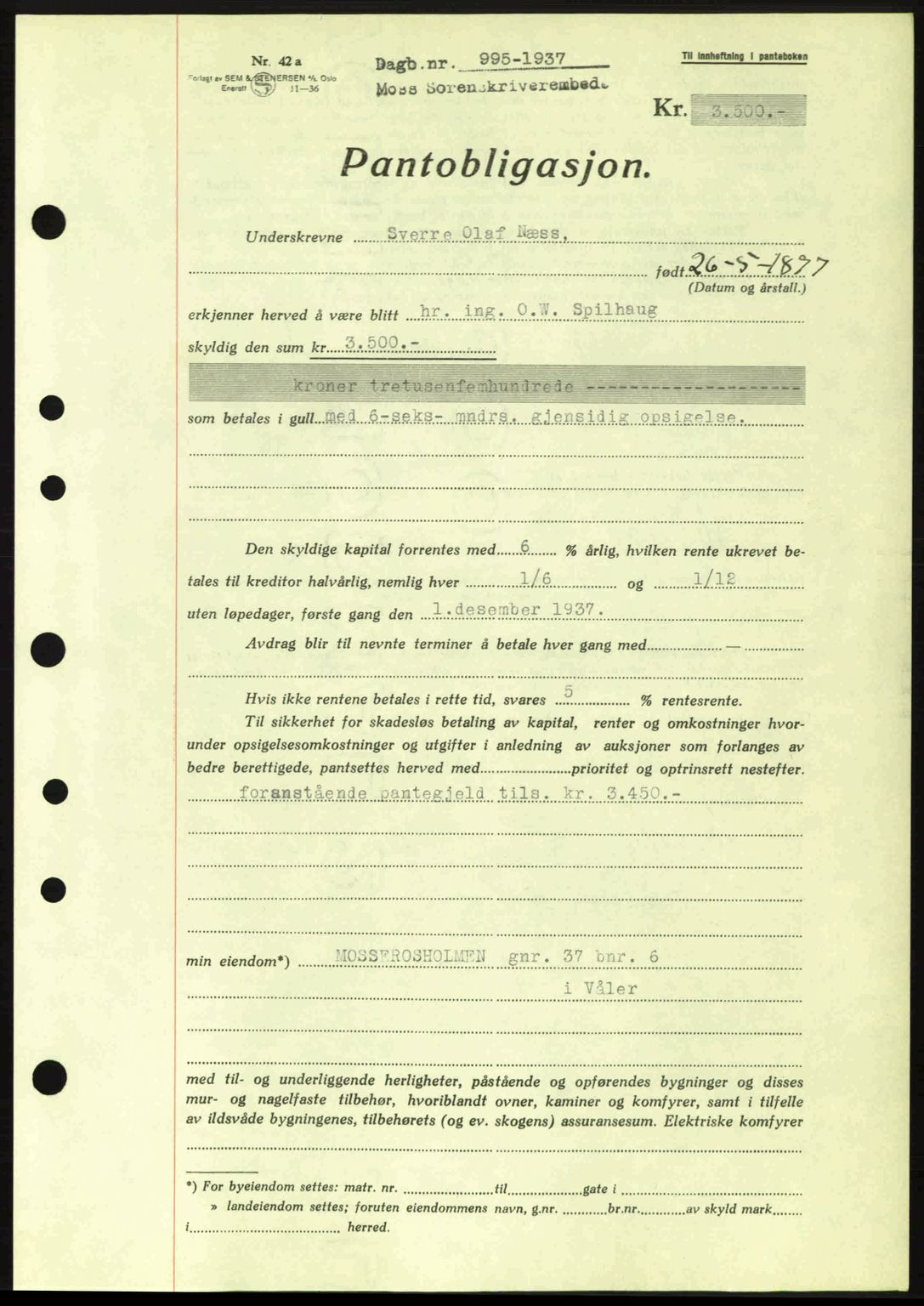 Moss sorenskriveri, SAO/A-10168: Pantebok nr. B3, 1937-1937, Dagboknr: 995/1937