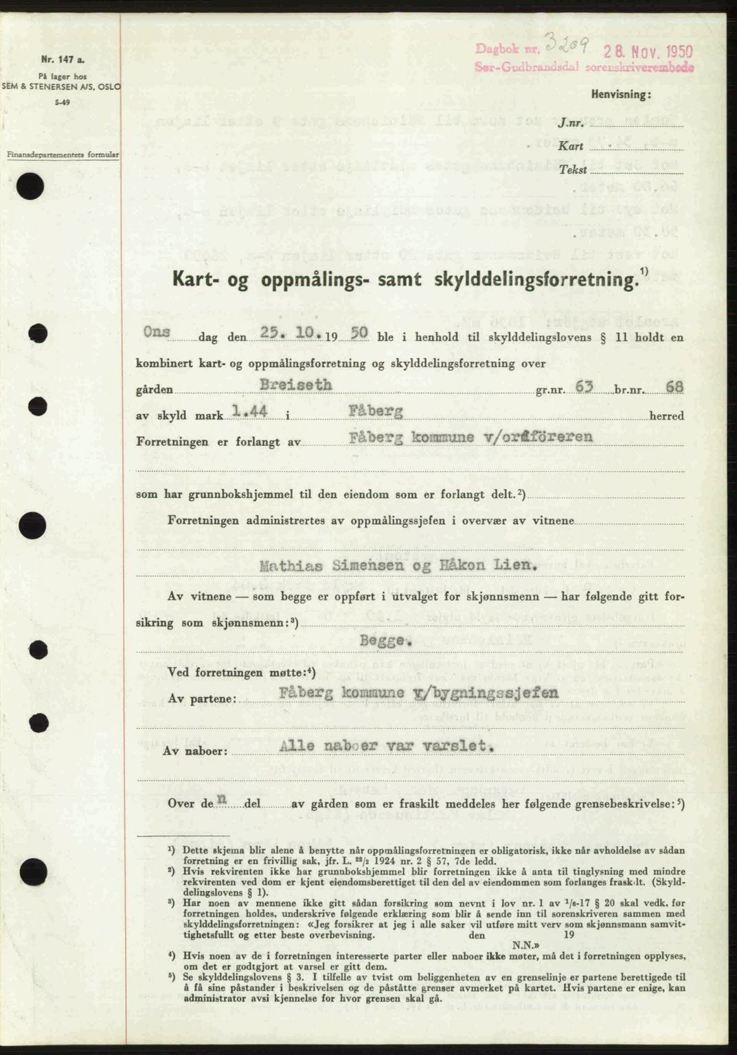 Sør-Gudbrandsdal tingrett, SAH/TING-004/H/Hb/Hbd/L0029: Pantebok nr. A29, 1950-1950, Dagboknr: 3209/1950