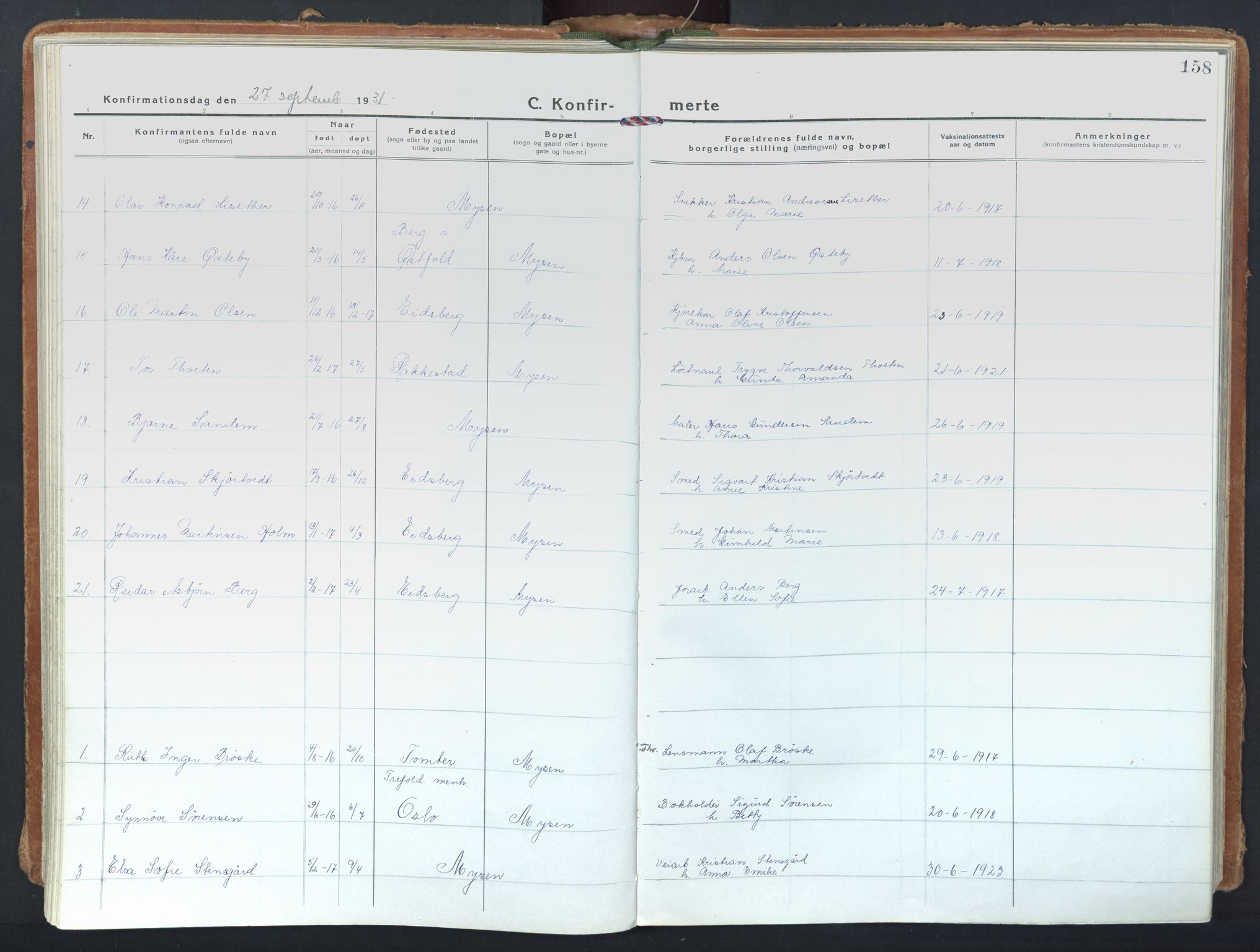 Eidsberg prestekontor Kirkebøker, AV/SAO-A-10905/F/Fd/L0001: Ministerialbok nr. IV 1, 1921-1948, s. 158