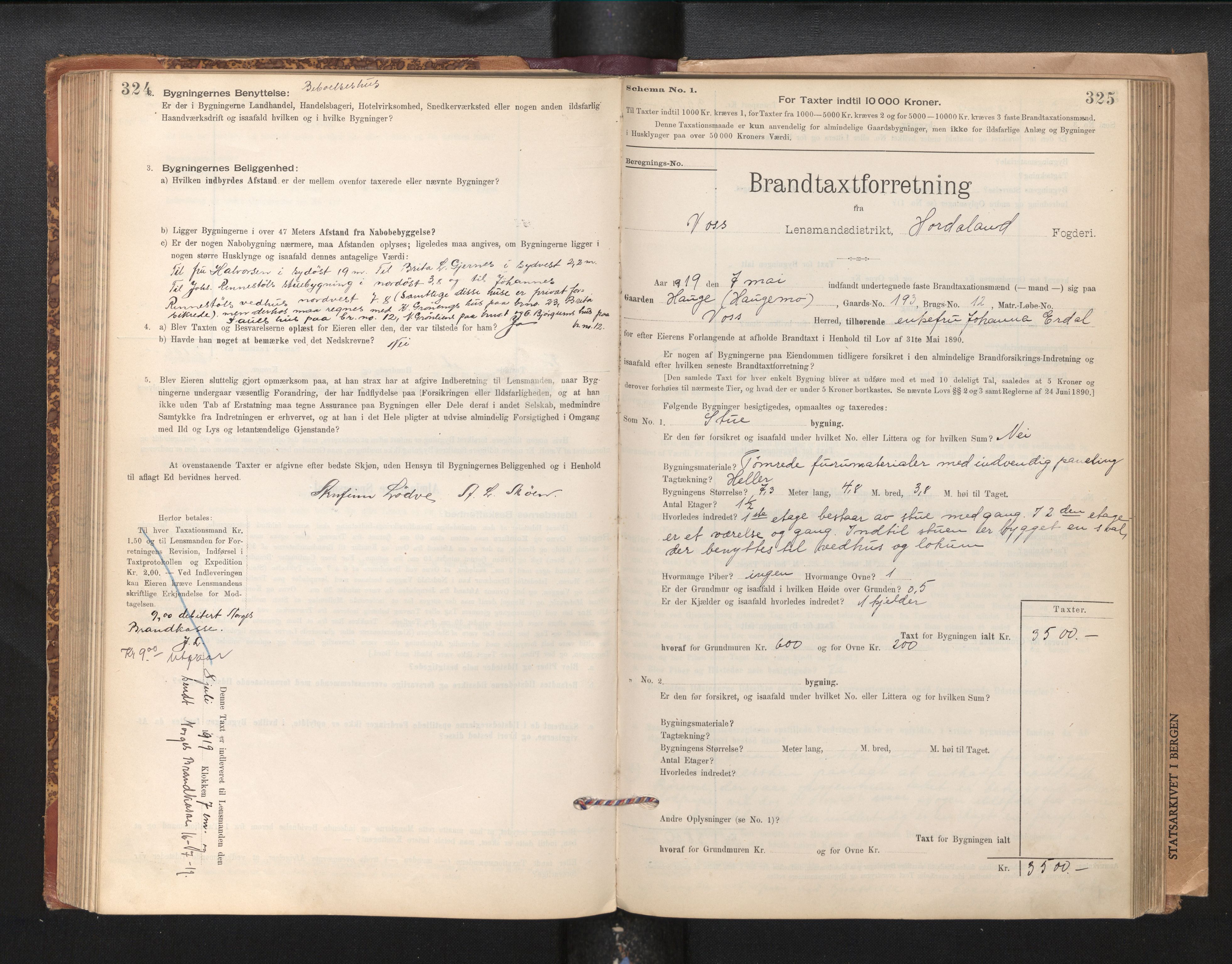 Lensmannen i Voss, SAB/A-35801/0012/L0008: Branntakstprotokoll, skjematakst, 1895-1945, s. 324-325