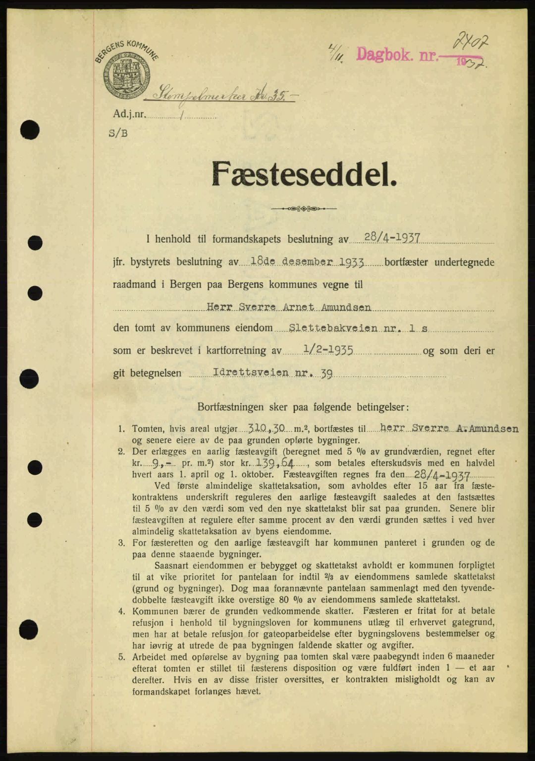 Byfogd og Byskriver i Bergen, SAB/A-3401/03/03Bc/L0006: Pantebok nr. A5, 1937-1938, Dagboknr: 7407/1937
