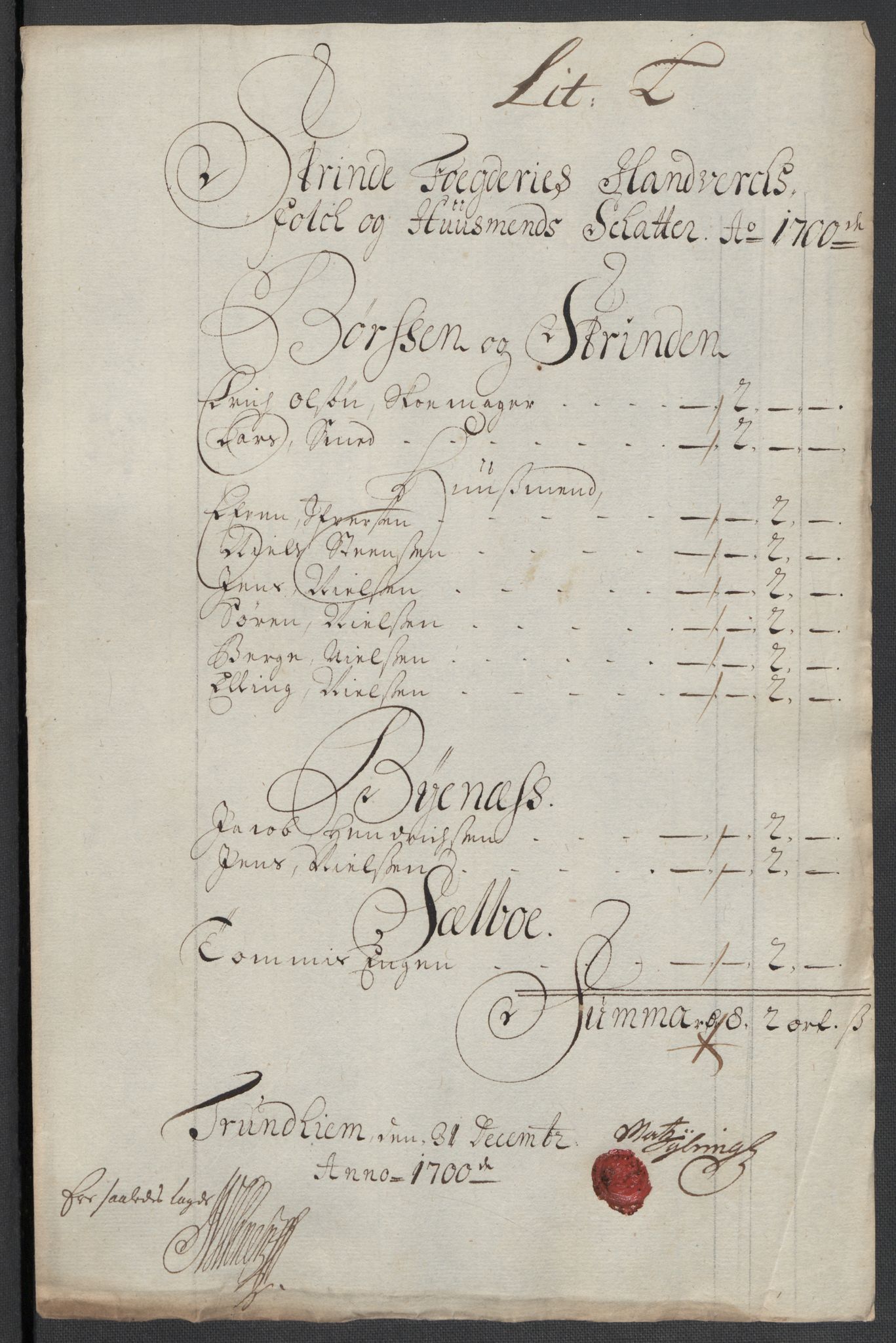 Rentekammeret inntil 1814, Reviderte regnskaper, Fogderegnskap, RA/EA-4092/R61/L4107: Fogderegnskap Strinda og Selbu, 1698-1700, s. 407