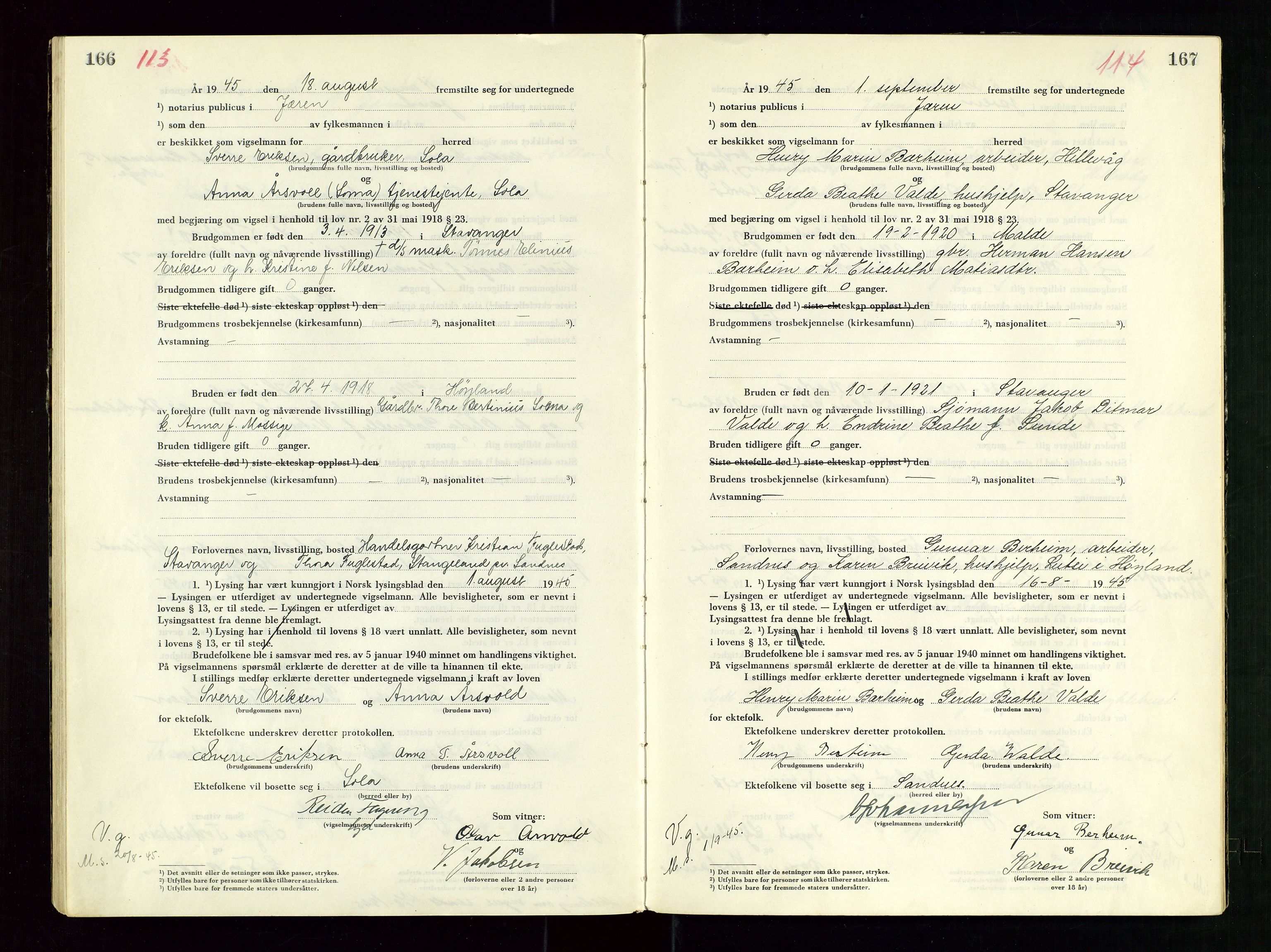Jæren sorenskriveri, AV/SAST-A-100310/01/6/62/62BA/L0008: VIGSELSPROTOKOLL, 1944-1946, s. 166-167