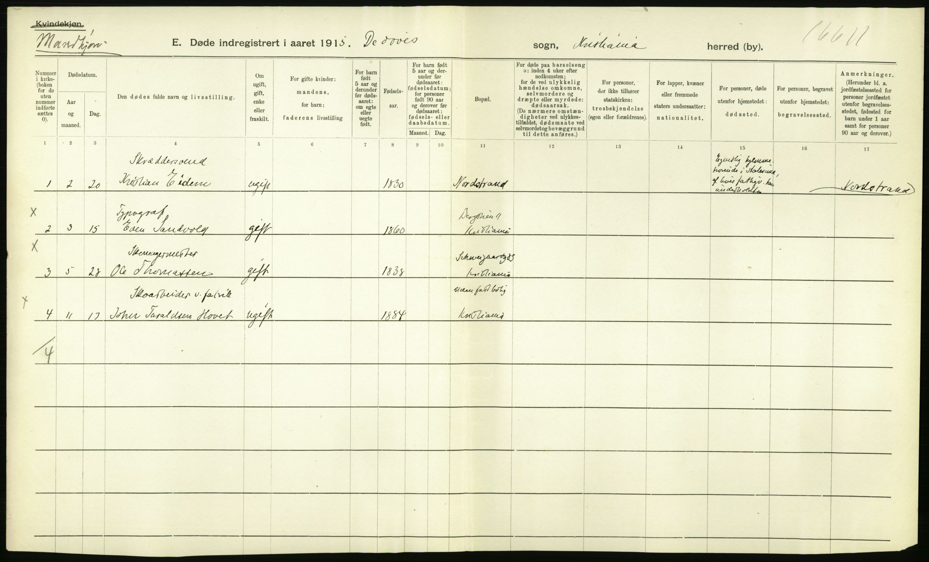 Statistisk sentralbyrå, Sosiodemografiske emner, Befolkning, RA/S-2228/D/Df/Dfb/Dfbe/L0010: Kristiania: Døde, dødfødte., 1915, s. 360