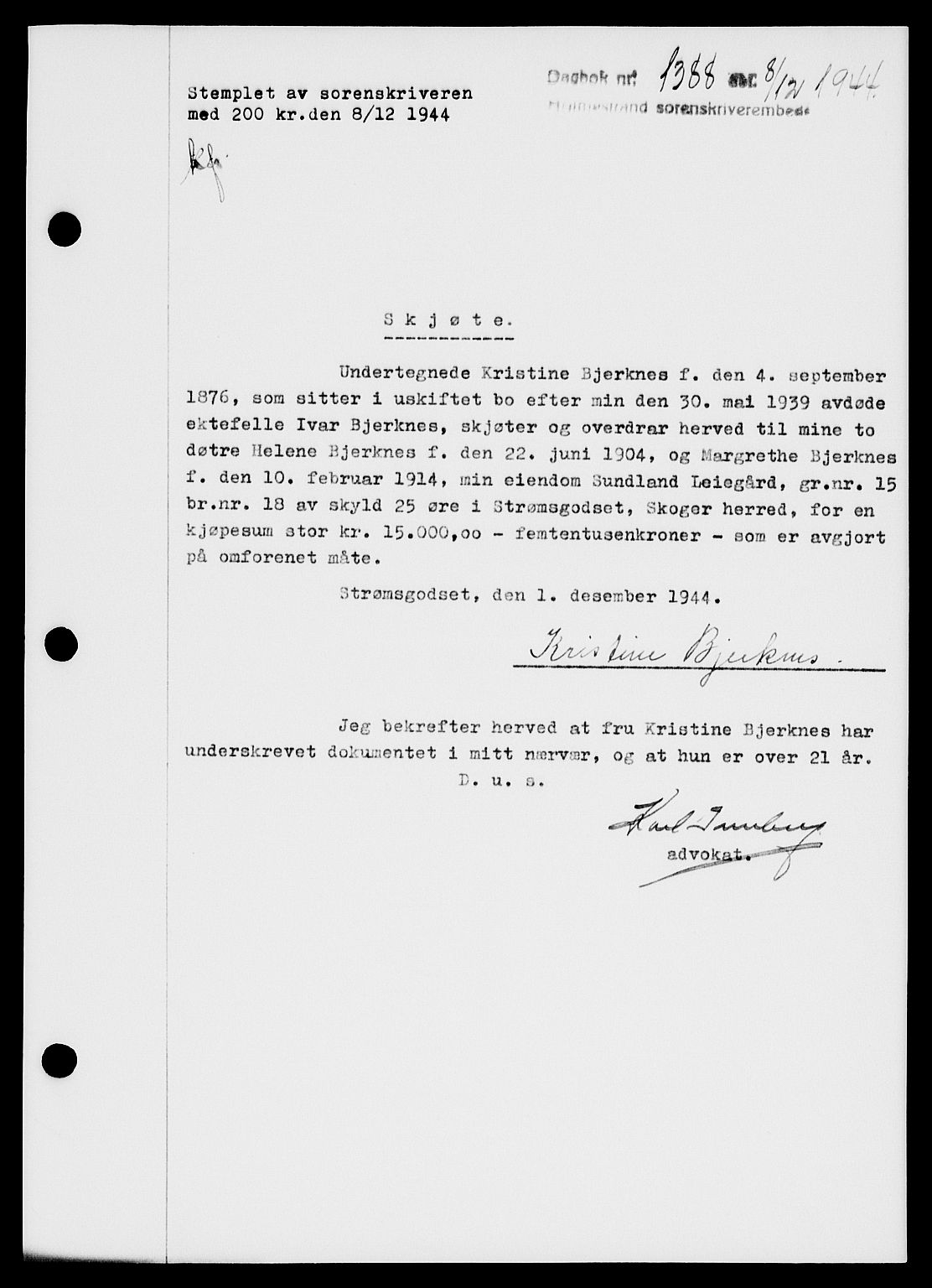 Holmestrand sorenskriveri, SAKO/A-67/G/Ga/Gaa/L0058: Pantebok nr. A-58, 1944-1944, Dagboknr: 1388/1944