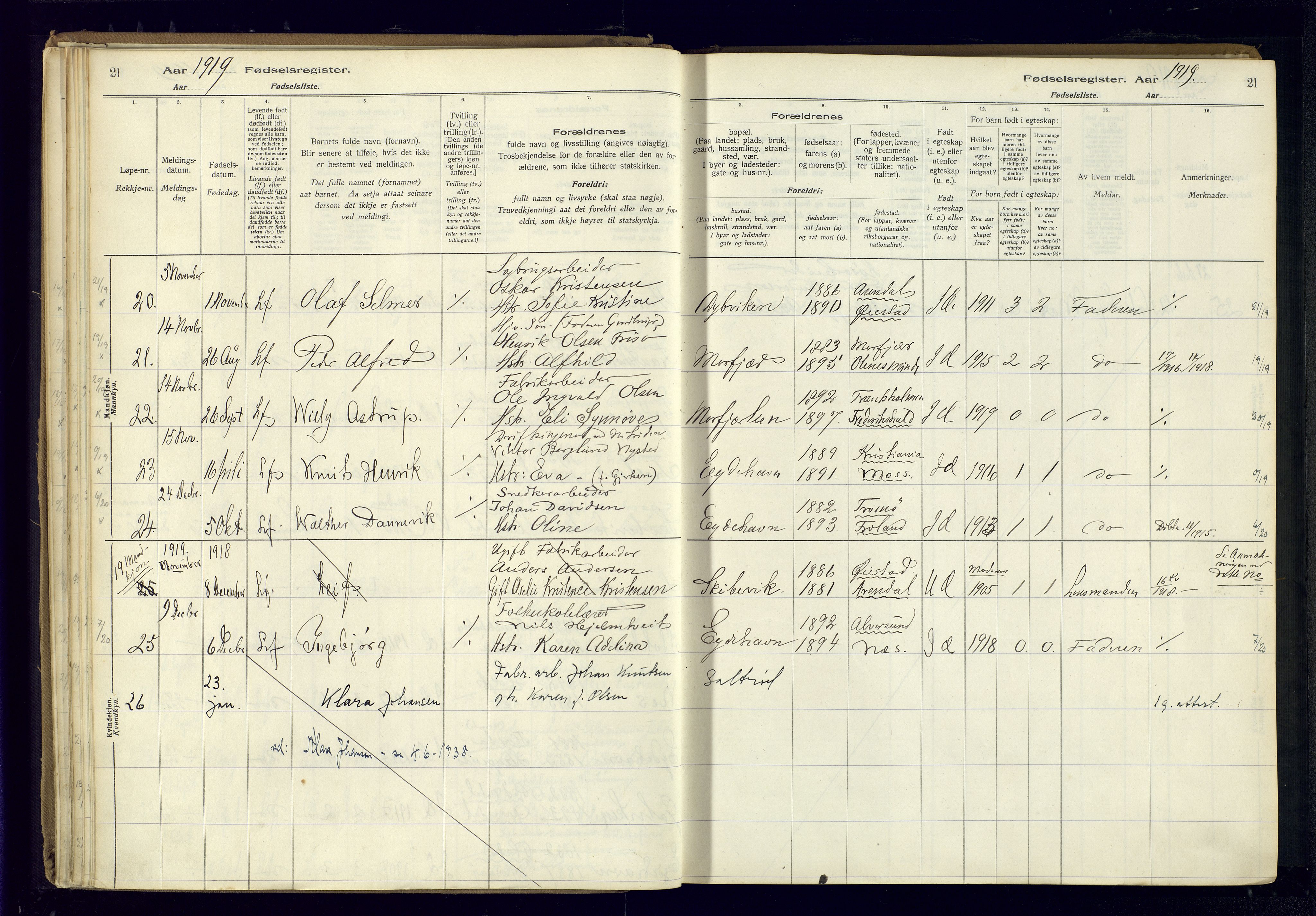 Austre Moland sokneprestkontor, AV/SAK-1111-0001/J/Ja/L0003: Fødselsregister nr. A-VI-27, 1916-1950, s. 21