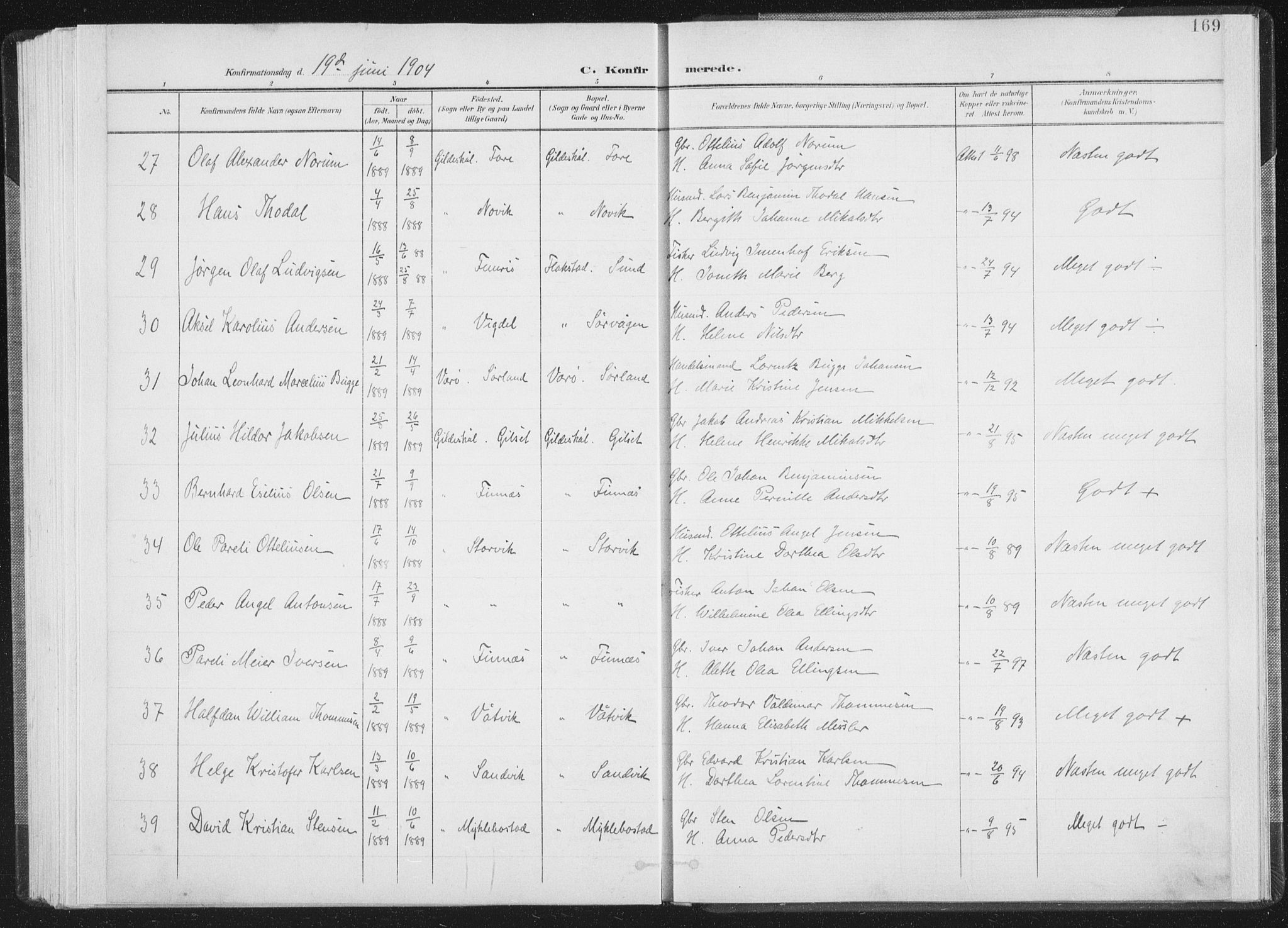 Ministerialprotokoller, klokkerbøker og fødselsregistre - Nordland, AV/SAT-A-1459/805/L0102: Ministerialbok nr. 805A08I, 1900-1909, s. 169