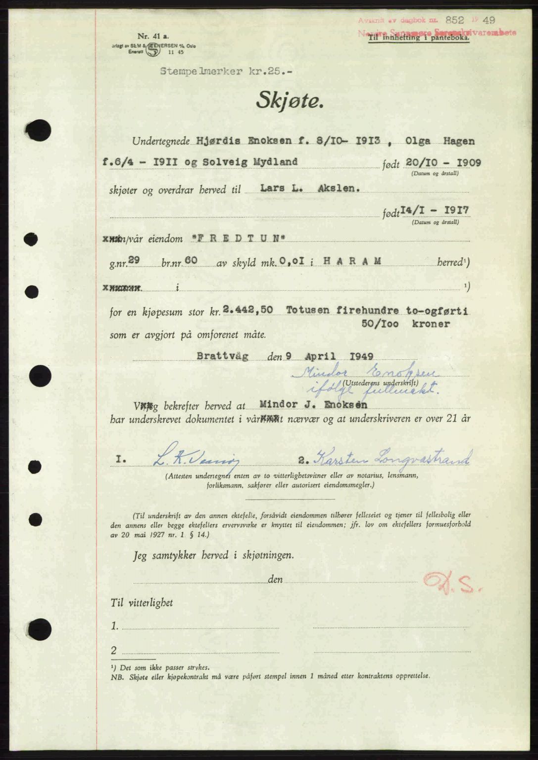 Nordre Sunnmøre sorenskriveri, SAT/A-0006/1/2/2C/2Ca: Pantebok nr. A30, 1949-1949, Dagboknr: 852/1949