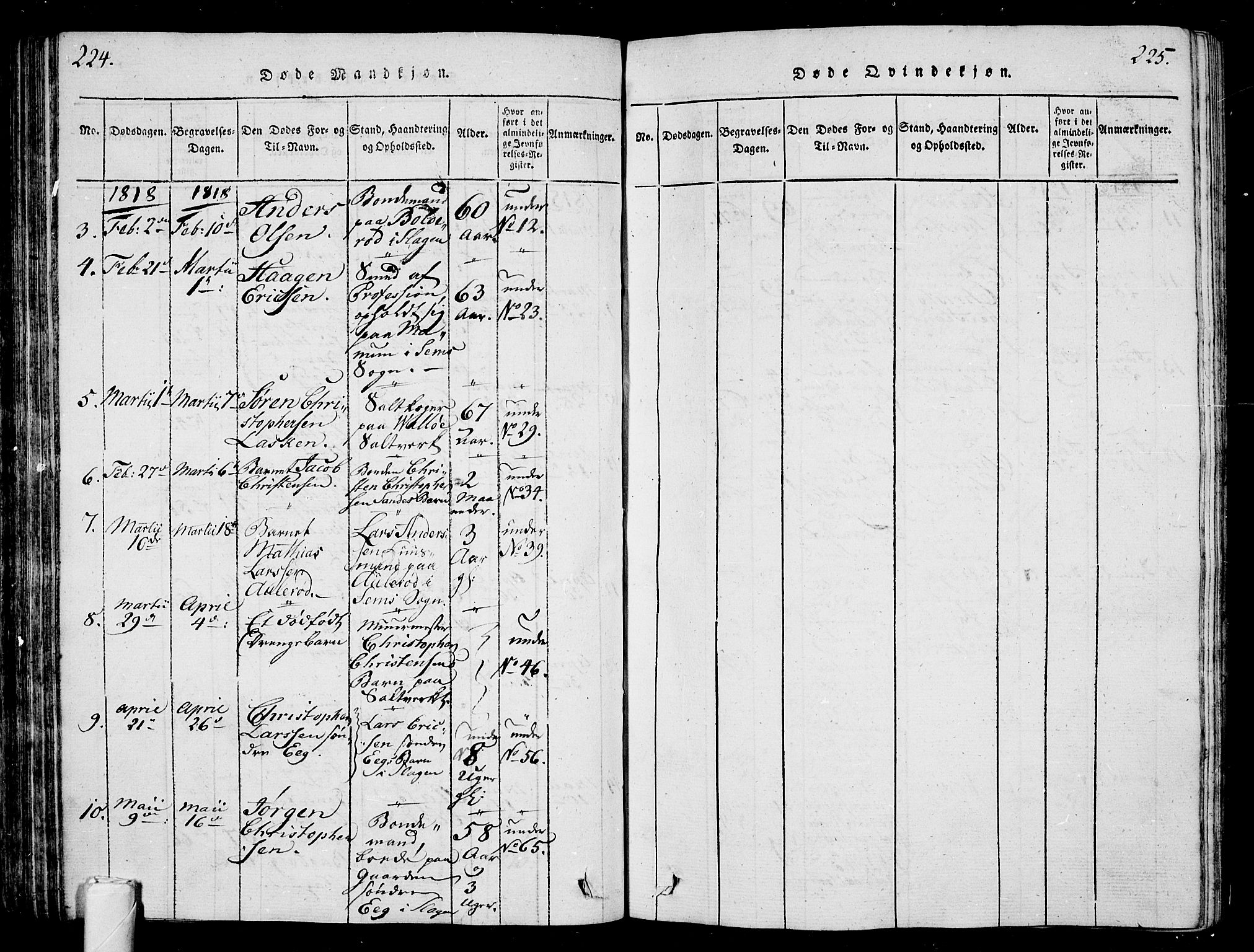 Sem kirkebøker, AV/SAKO-A-5/G/Ga/L0001: Klokkerbok nr. I 1, 1814-1825, s. 224-225
