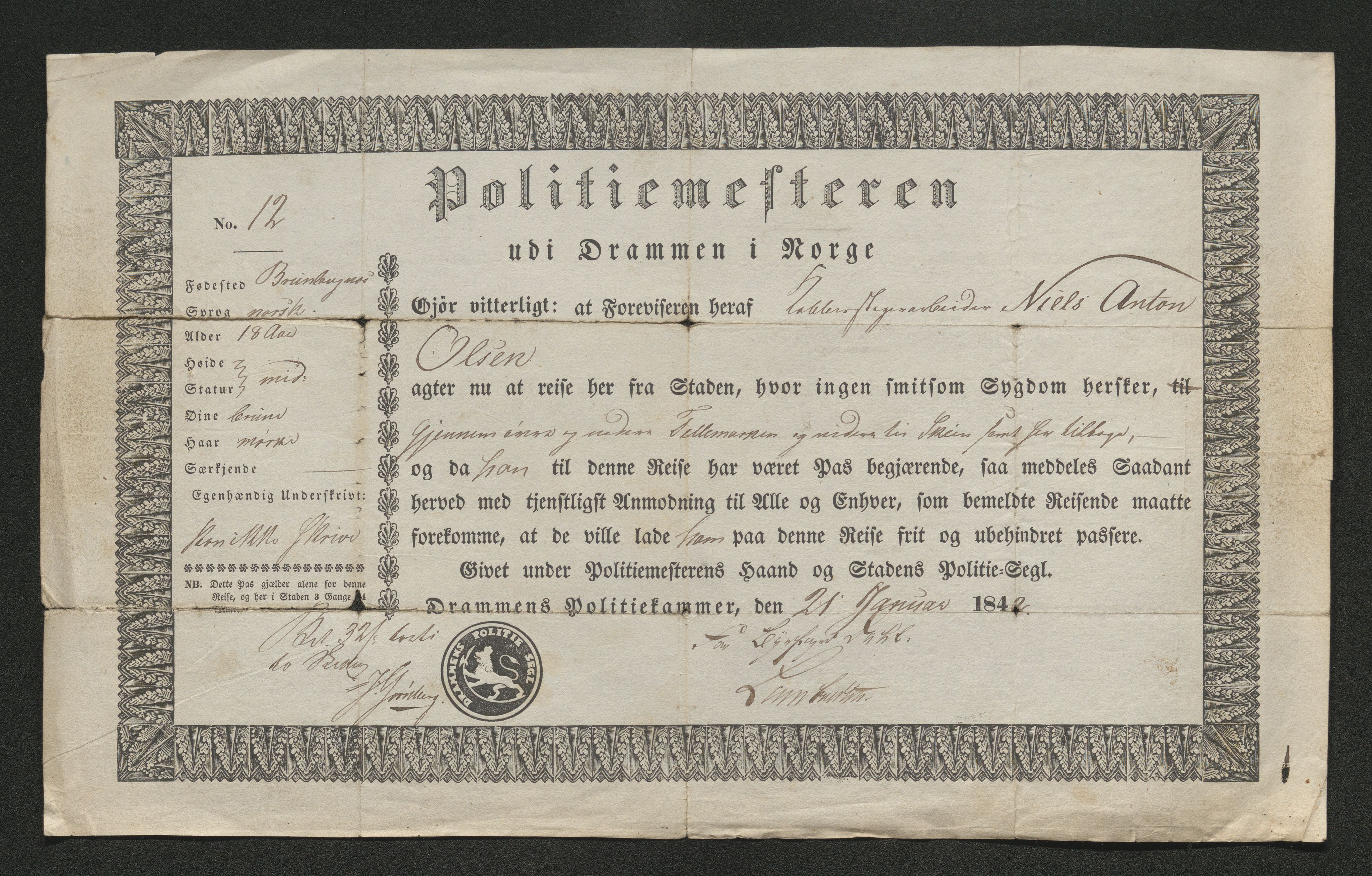 Drammen politikammer, SAKO/A-623/I/Ia/Iab/L0006: Innleverte pass, 1841-1842, s. 458