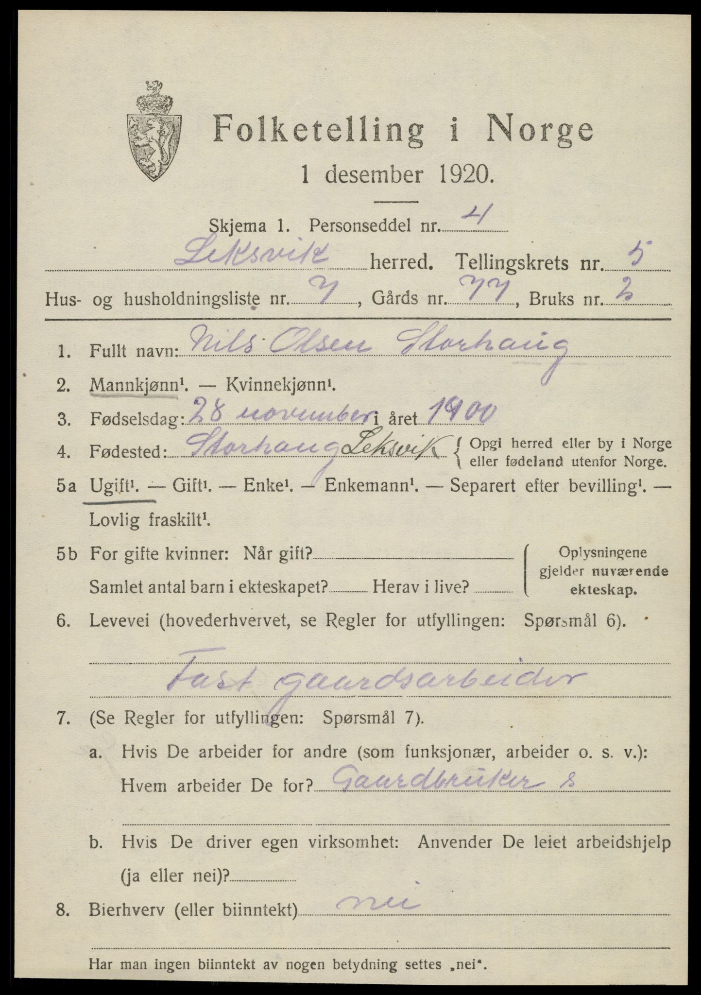 SAT, Folketelling 1920 for 1718 Leksvik herred, 1920, s. 4896