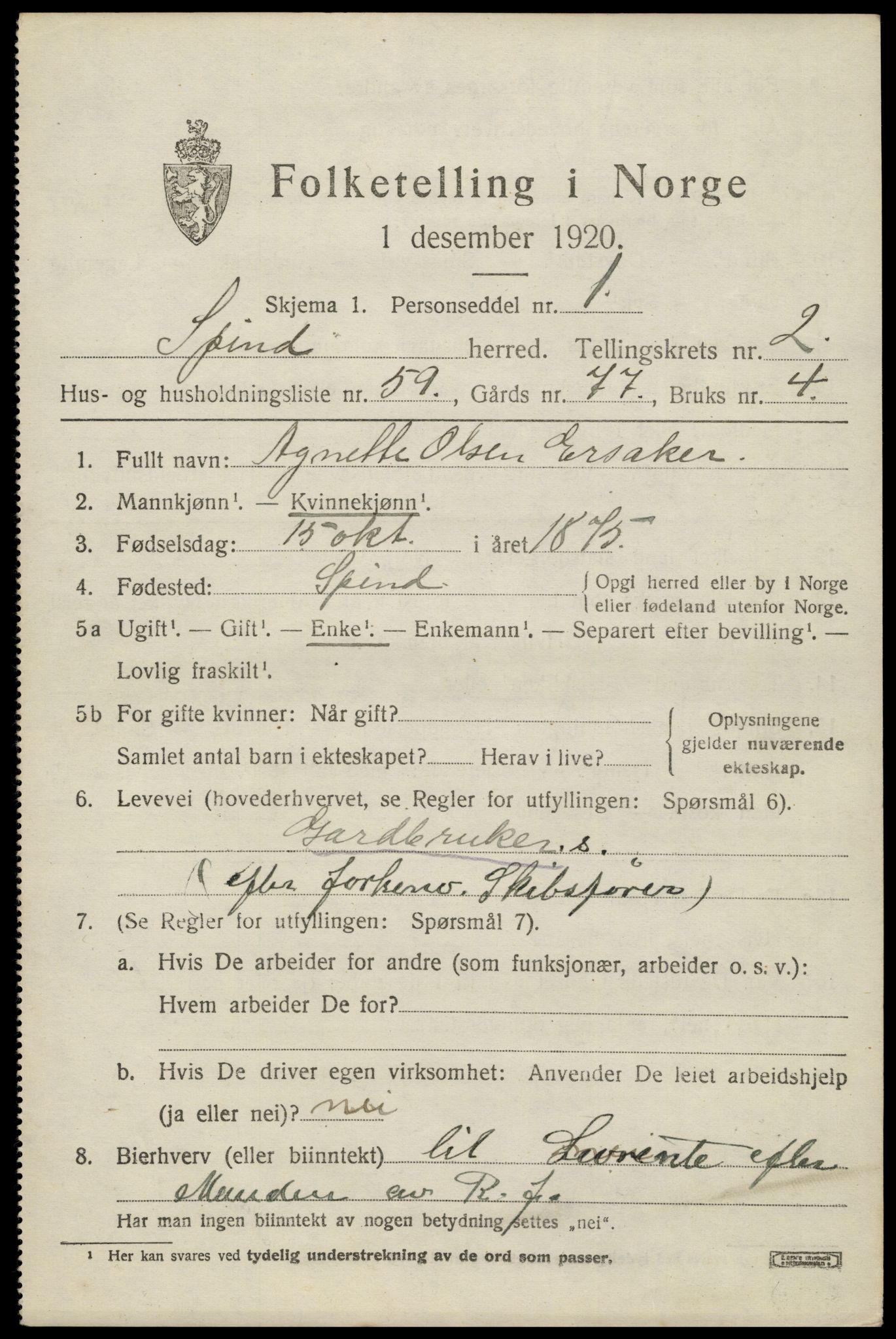 SAK, Folketelling 1920 for 1040 Spind herred, 1920, s. 1613