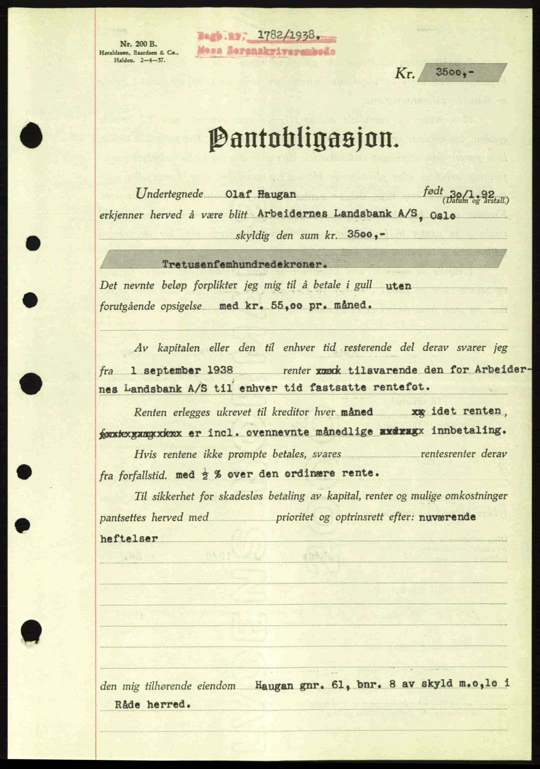 Moss sorenskriveri, SAO/A-10168: Pantebok nr. B6, 1938-1938, Dagboknr: 1782/1938