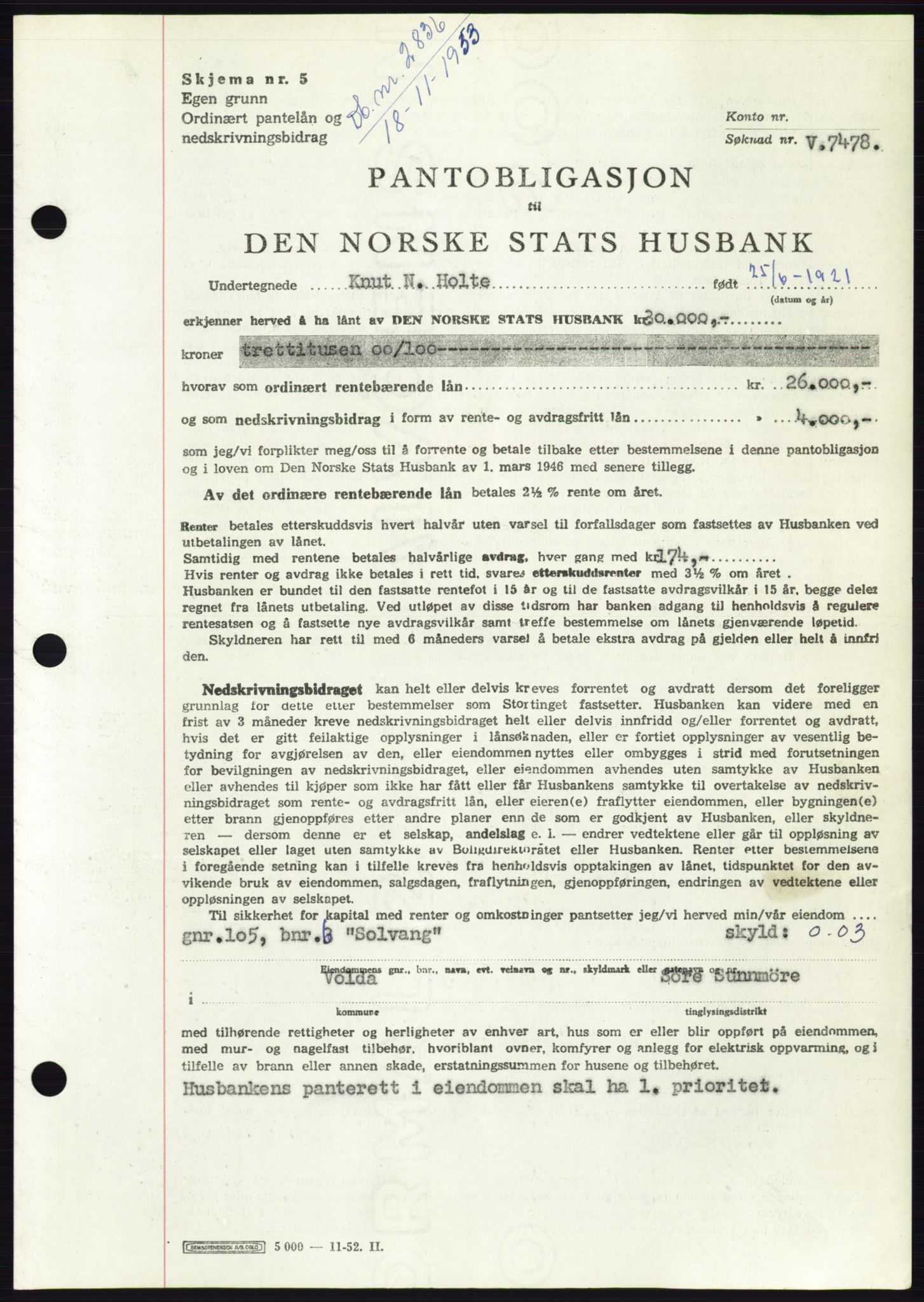 Søre Sunnmøre sorenskriveri, AV/SAT-A-4122/1/2/2C/L0124: Pantebok nr. 12B, 1953-1954, Dagboknr: 2836/1953