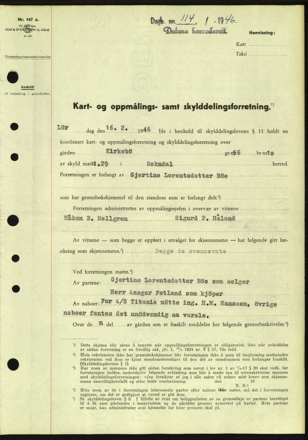 Dalane sorenskriveri, SAST/A-100309/02/G/Gb/L0049: Pantebok nr. A9, 1946-1947, Dagboknr: 114/1946