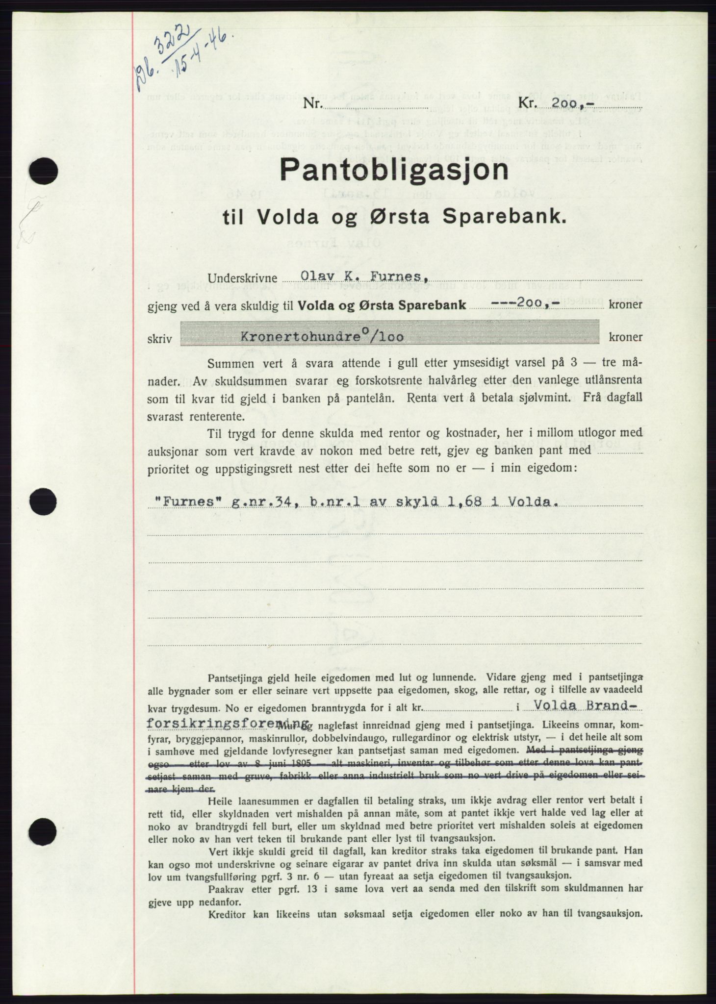 Søre Sunnmøre sorenskriveri, AV/SAT-A-4122/1/2/2C/L0114: Pantebok nr. 1-2B, 1943-1947, Dagboknr: 322/1946