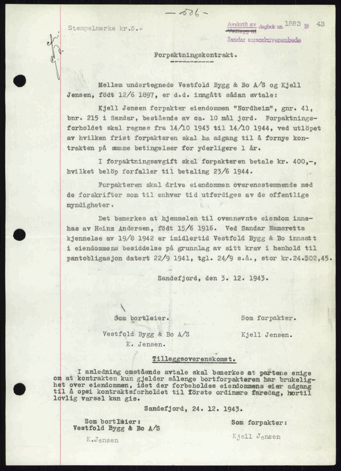 Sandar sorenskriveri, SAKO/A-86/G/Ga/Gab/L0001: Pantebok nr. B-1 og B-3 - B-9, 1936-1944, Dagboknr: 1883/1943