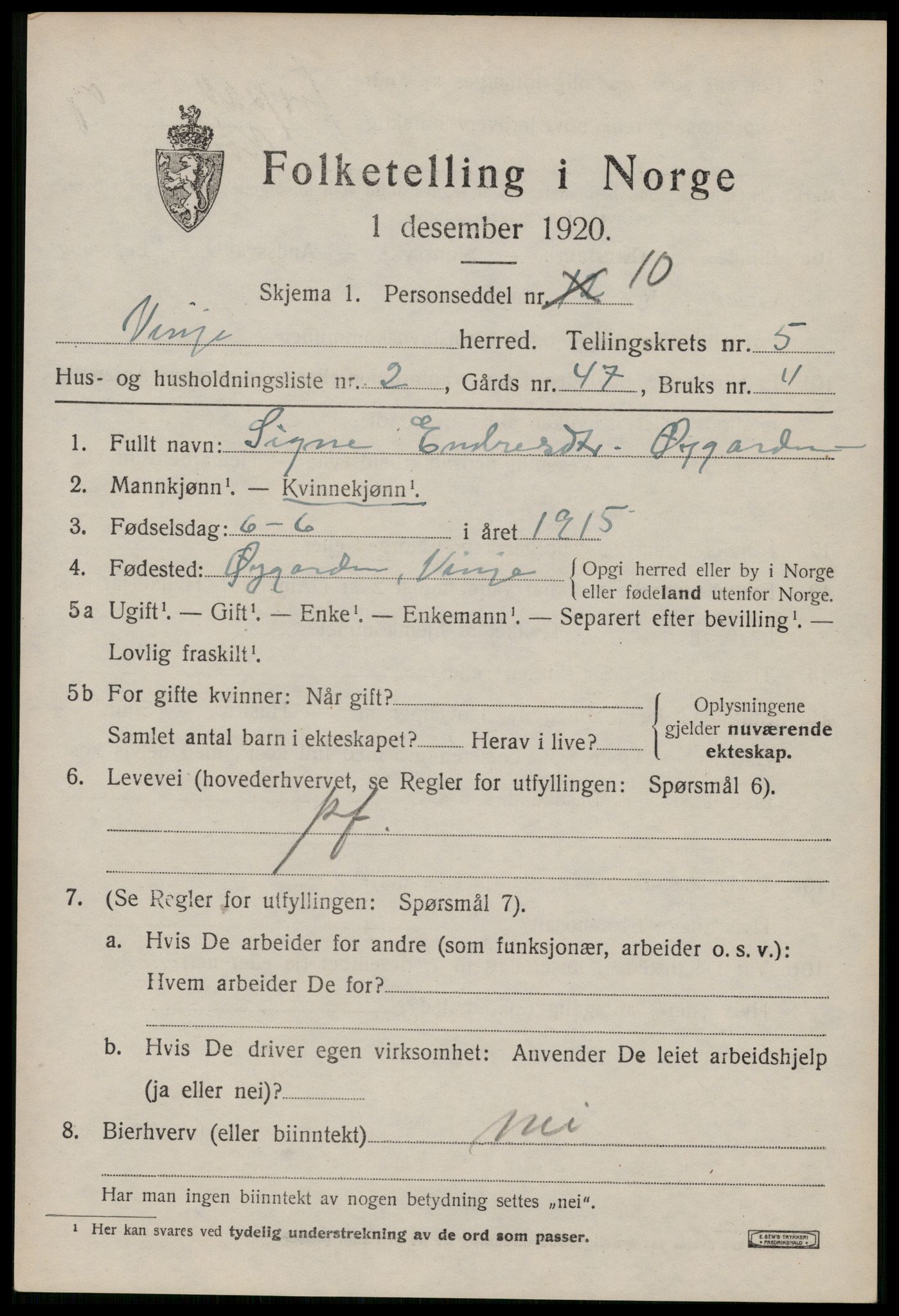 SAKO, Folketelling 1920 for 0834 Vinje herred, 1920, s. 1633