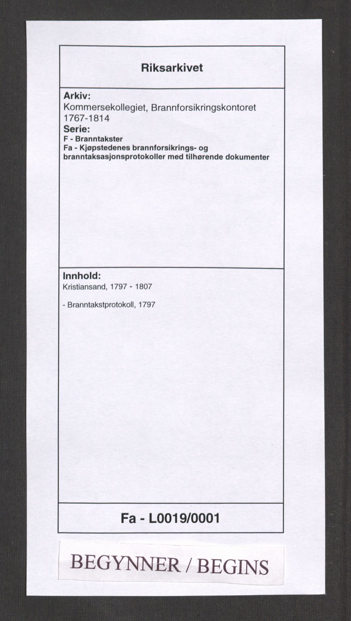 Kommersekollegiet, Brannforsikringskontoret 1767-1814, AV/RA-EA-5458/F/Fa/L0019/0001: Kristiansand / Branntakstprotokoll, 1797