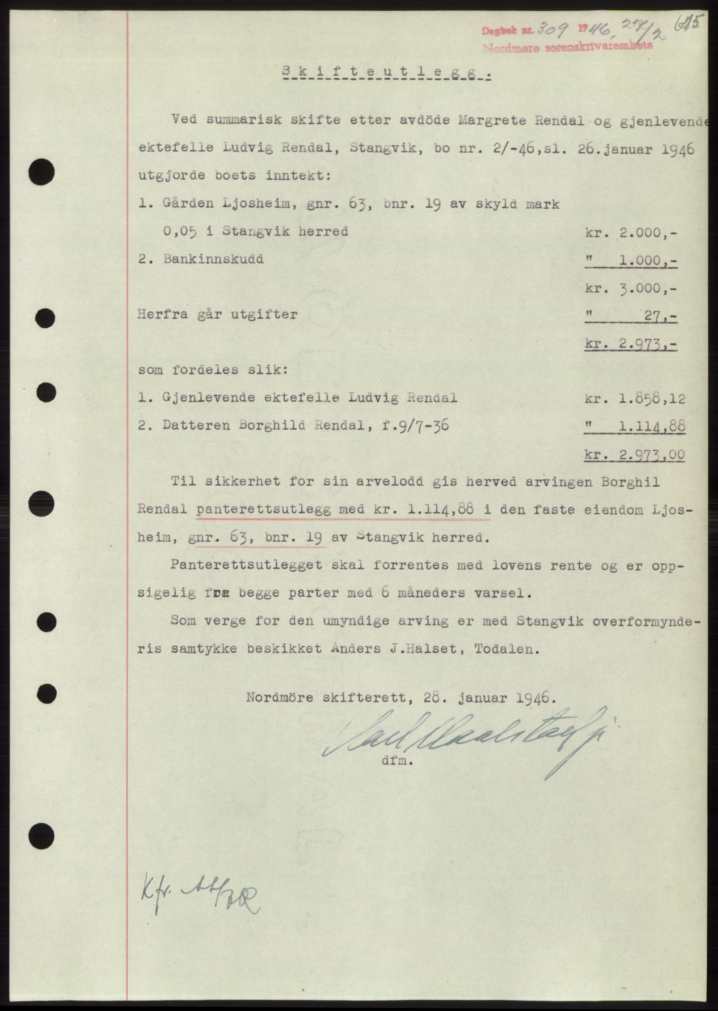 Nordmøre sorenskriveri, SAT/A-4132/1/2/2Ca: Pantebok nr. B93b, 1946-1946, Dagboknr: 309/1946