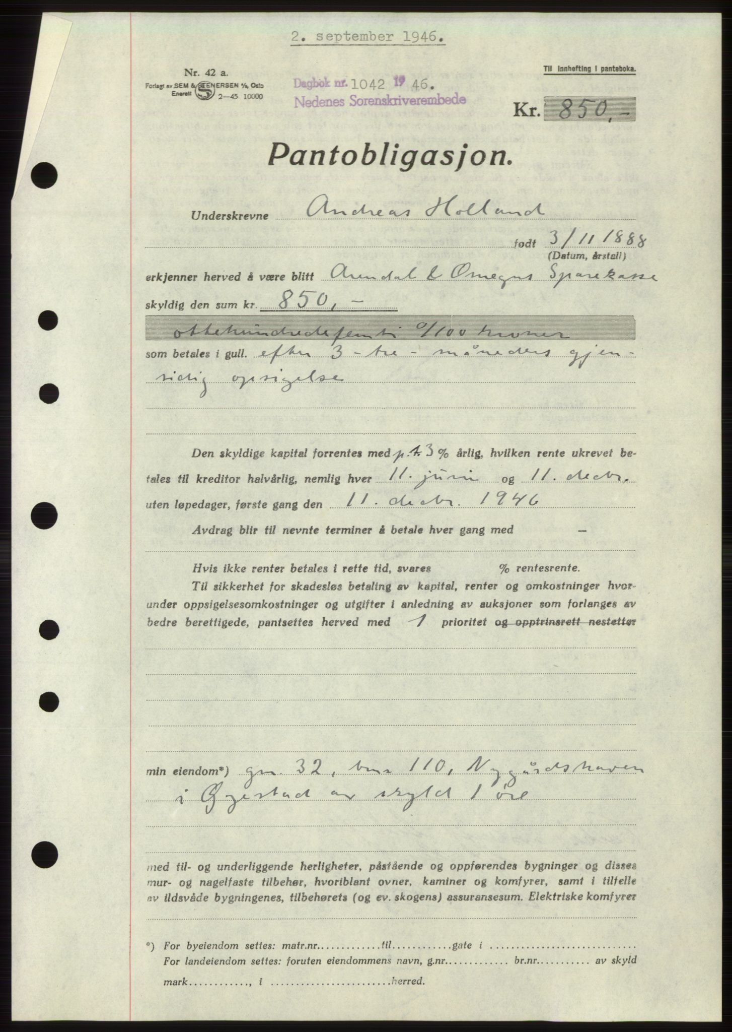 Nedenes sorenskriveri, AV/SAK-1221-0006/G/Gb/Gbb/L0003: Pantebok nr. B3b, 1946-1946, Dagboknr: 1042/1946