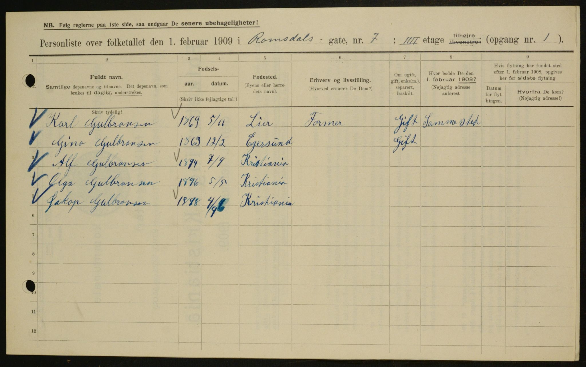 OBA, Kommunal folketelling 1.2.1909 for Kristiania kjøpstad, 1909, s. 75511