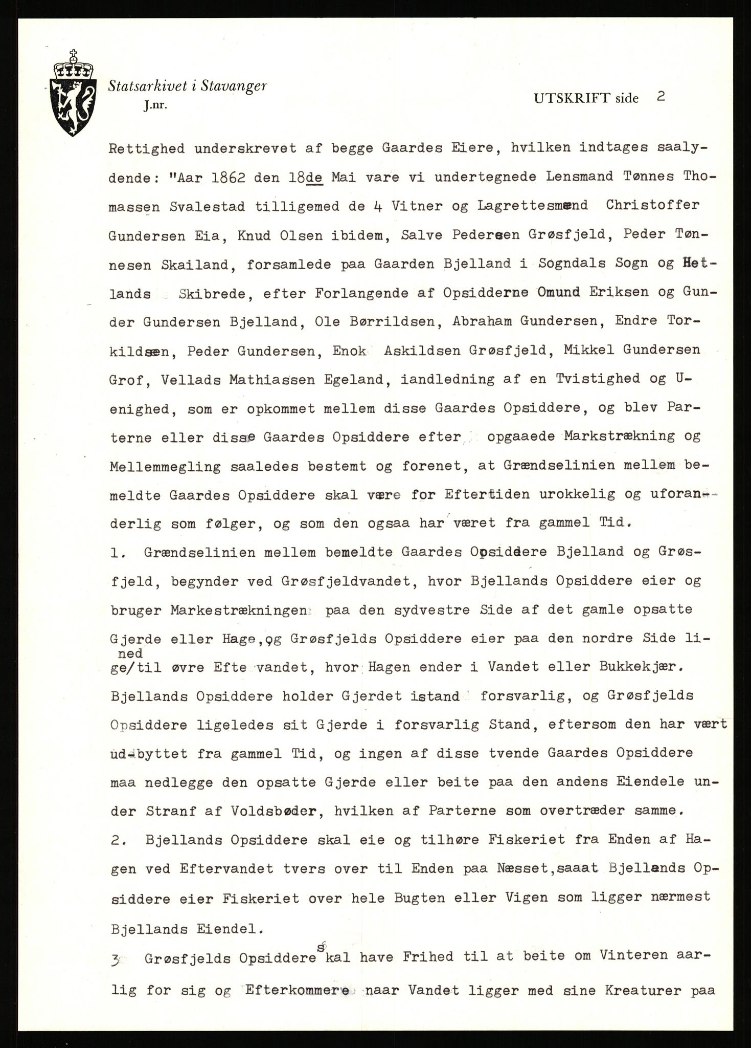 Statsarkivet i Stavanger, SAST/A-101971/03/Y/Yj/L0008: Avskrifter sortert etter gårdsnavn: Birkeland indre - Bjerge, 1750-1930, s. 500