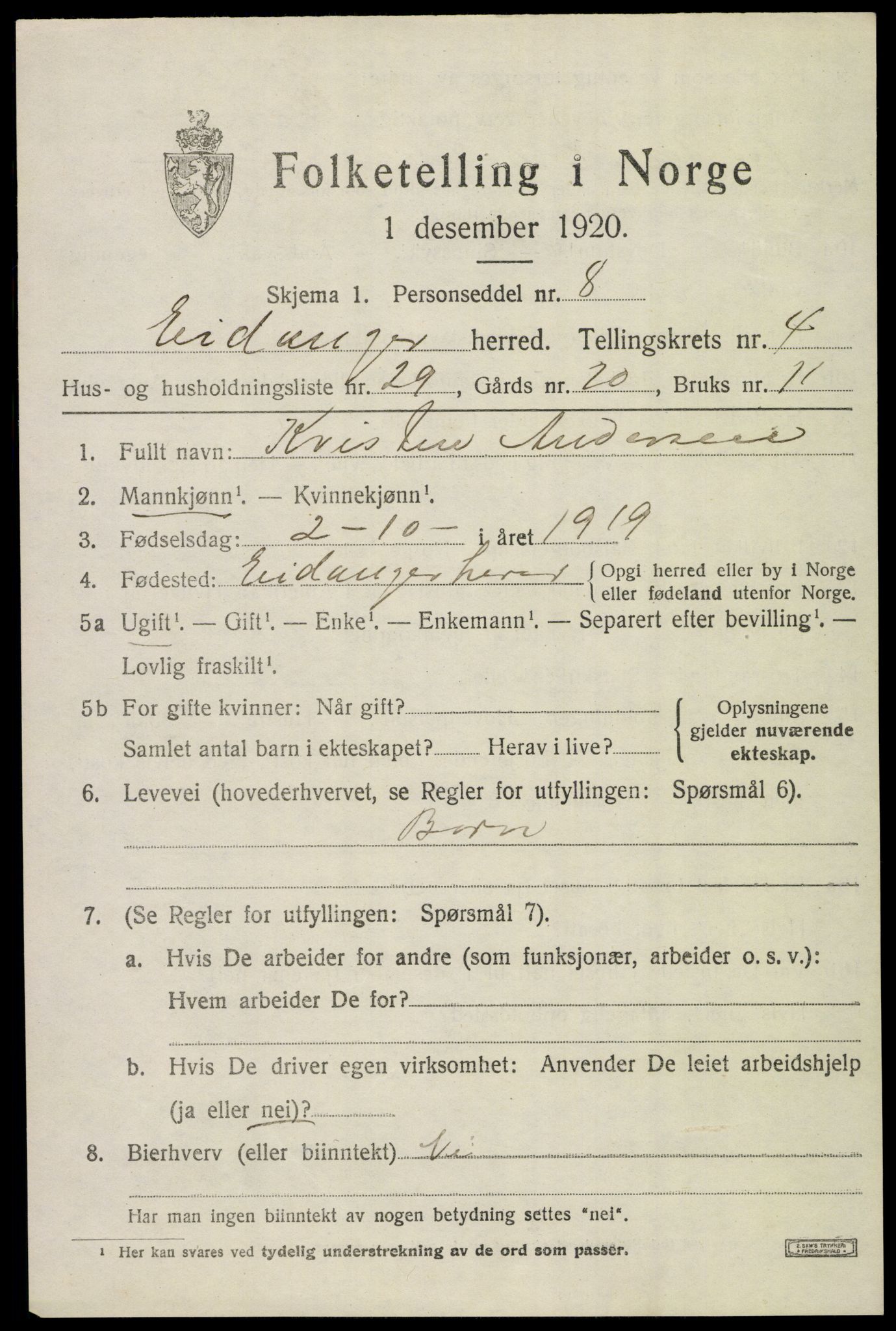 SAKO, Folketelling 1920 for 0813 Eidanger herred, 1920, s. 4114