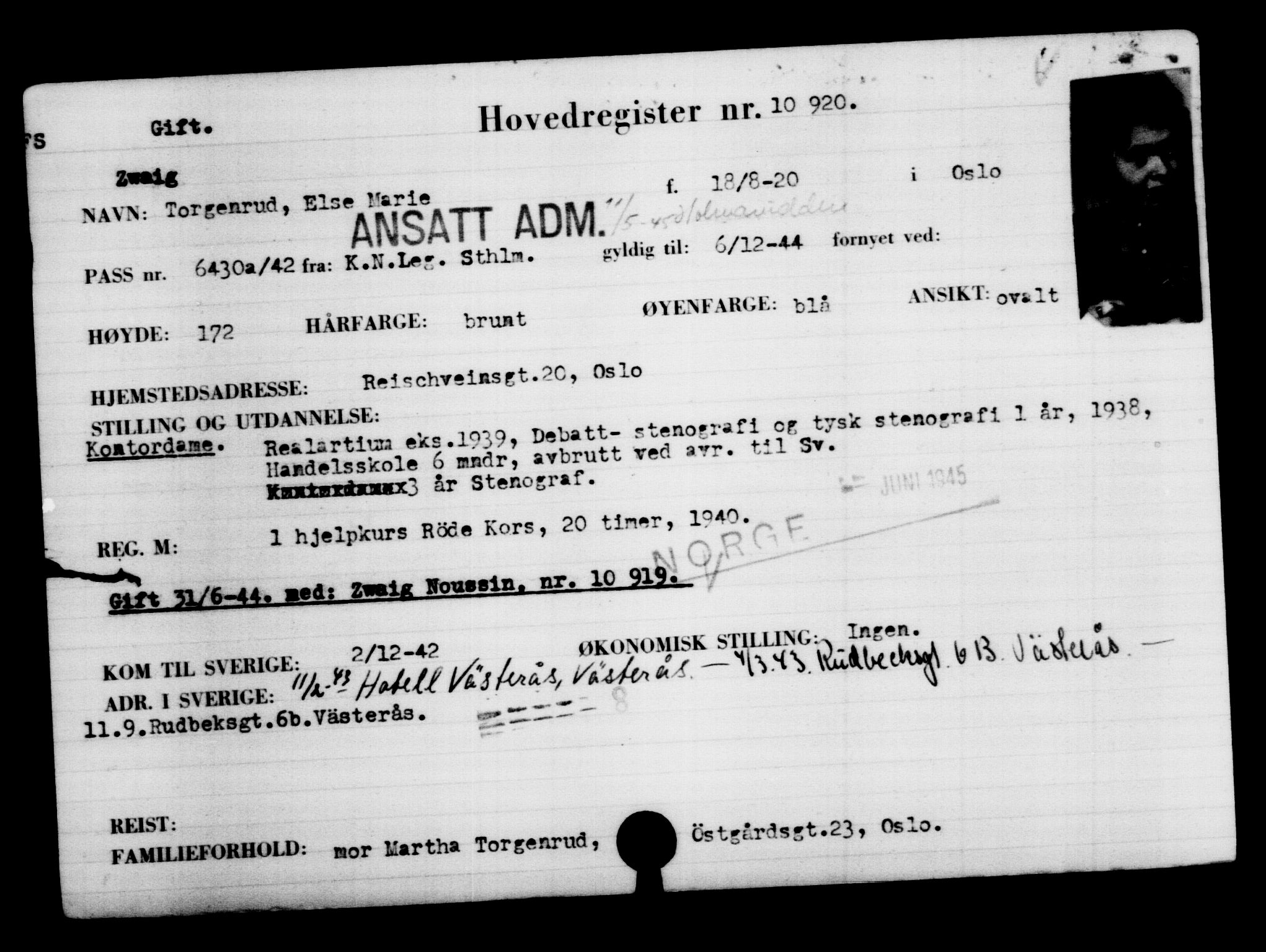 Den Kgl. Norske Legasjons Flyktningskontor, RA/S-6753/V/Va/L0006: Kjesäterkartoteket.  Flyktningenr. 9400-12711, 1940-1945, s. 1739