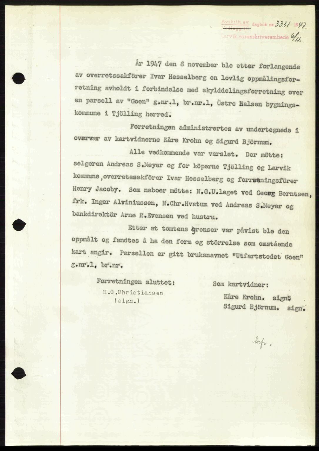 Larvik sorenskriveri, SAKO/A-83/G/Ga/Gab/L0085: Pantebok nr. A-19, 1947-1948, Dagboknr: 3331/1947