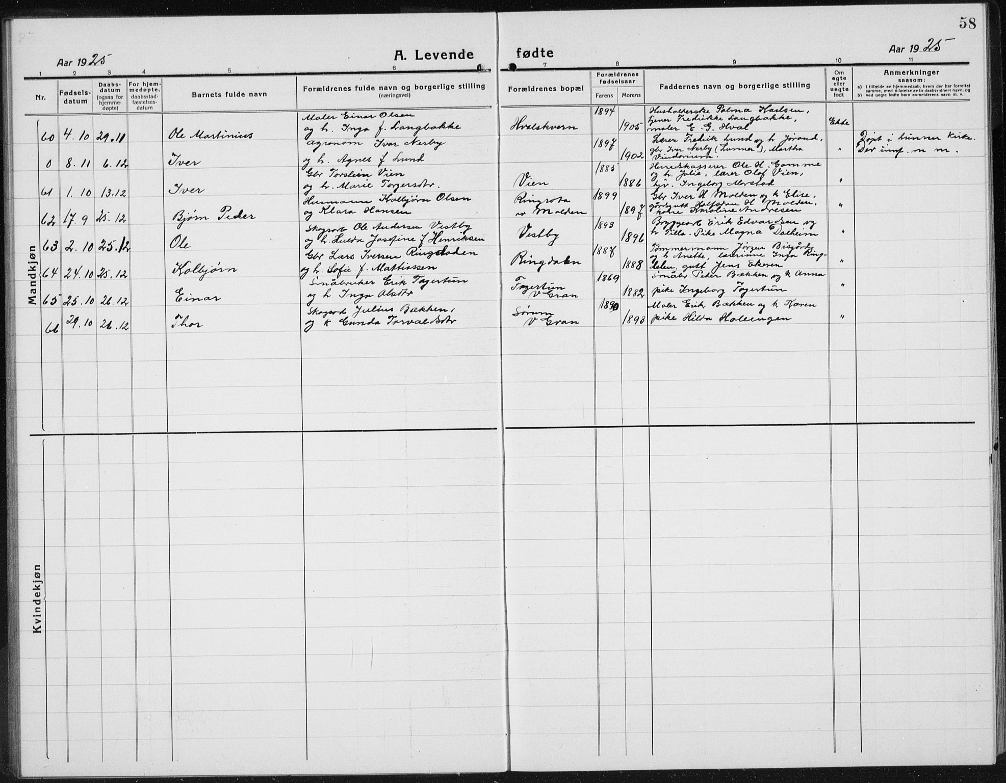 Gran prestekontor, AV/SAH-PREST-112/H/Ha/Hab/L0008: Klokkerbok nr. 8, 1917-1935, s. 58
