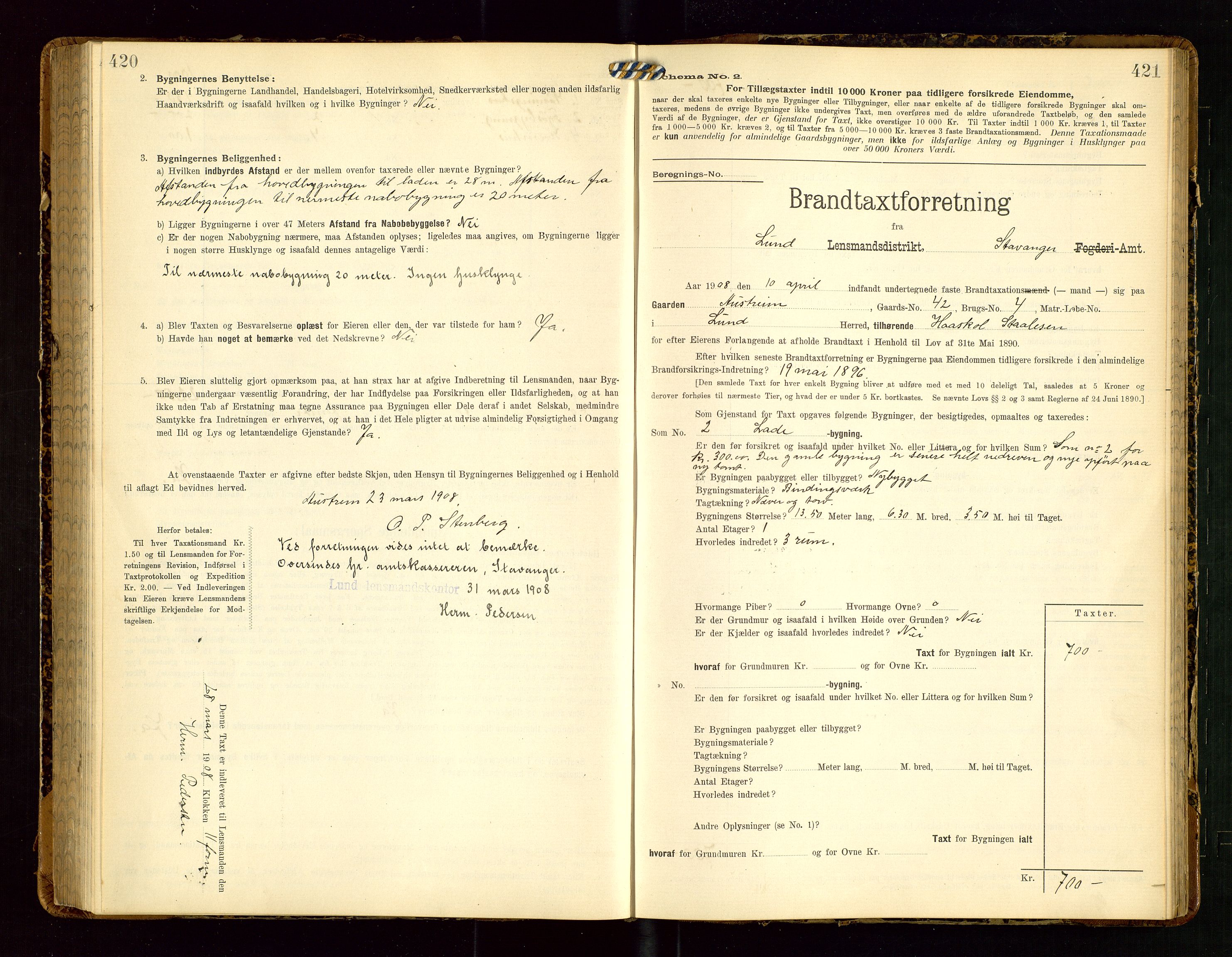 Lund lensmannskontor, SAST/A-100303/Gob/L0002: "Brandtakstprotokol", 1908-1918, s. 420-421