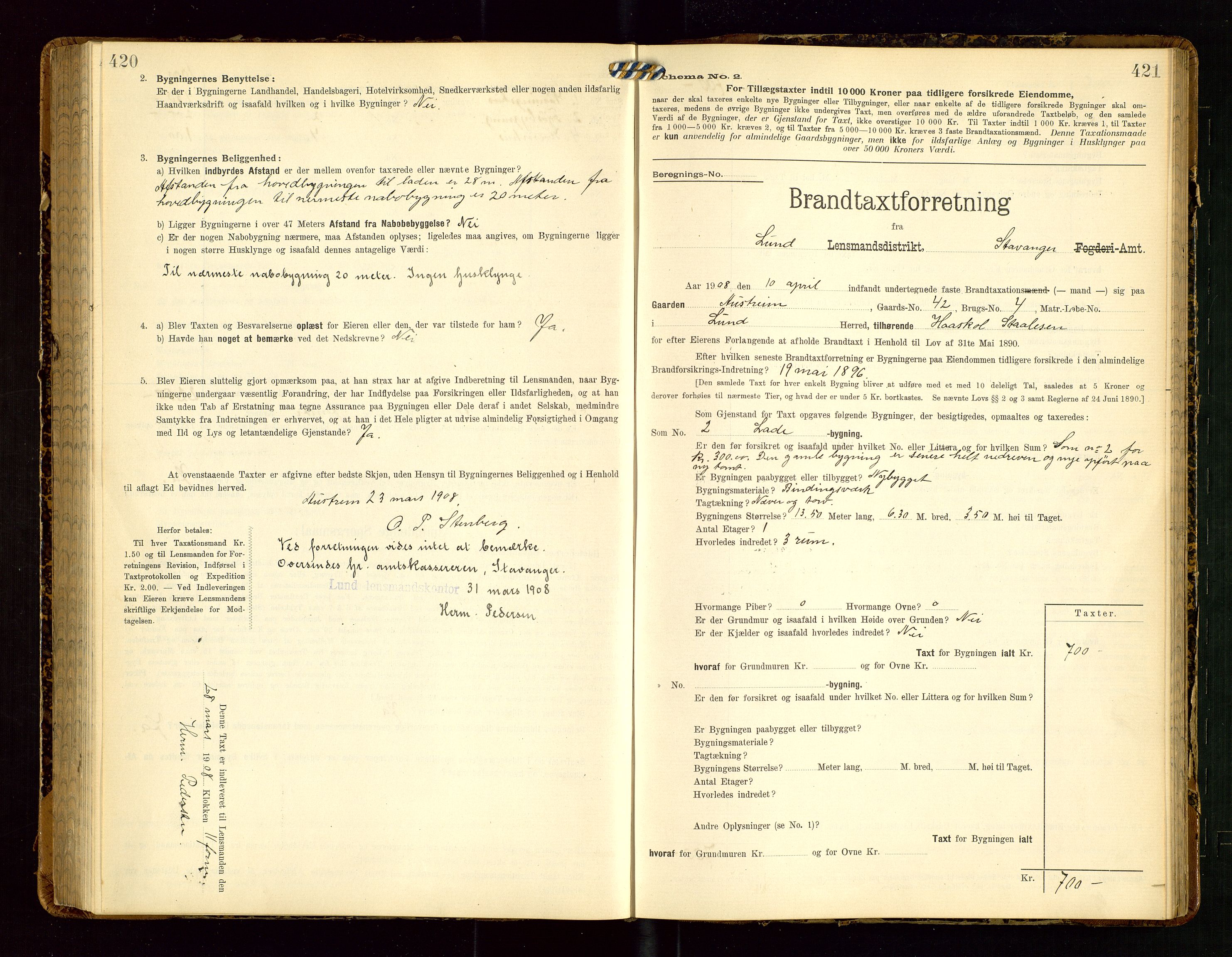 Lund lensmannskontor, AV/SAST-A-100303/Gob/L0002: "Brandtakstprotokol", 1908-1918, s. 420-421