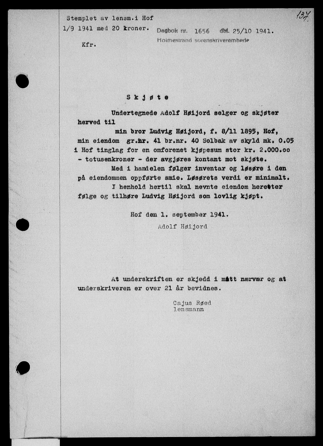 Holmestrand sorenskriveri, SAKO/A-67/G/Ga/Gaa/L0054: Pantebok nr. A-54, 1941-1942, Dagboknr: 1656/1941
