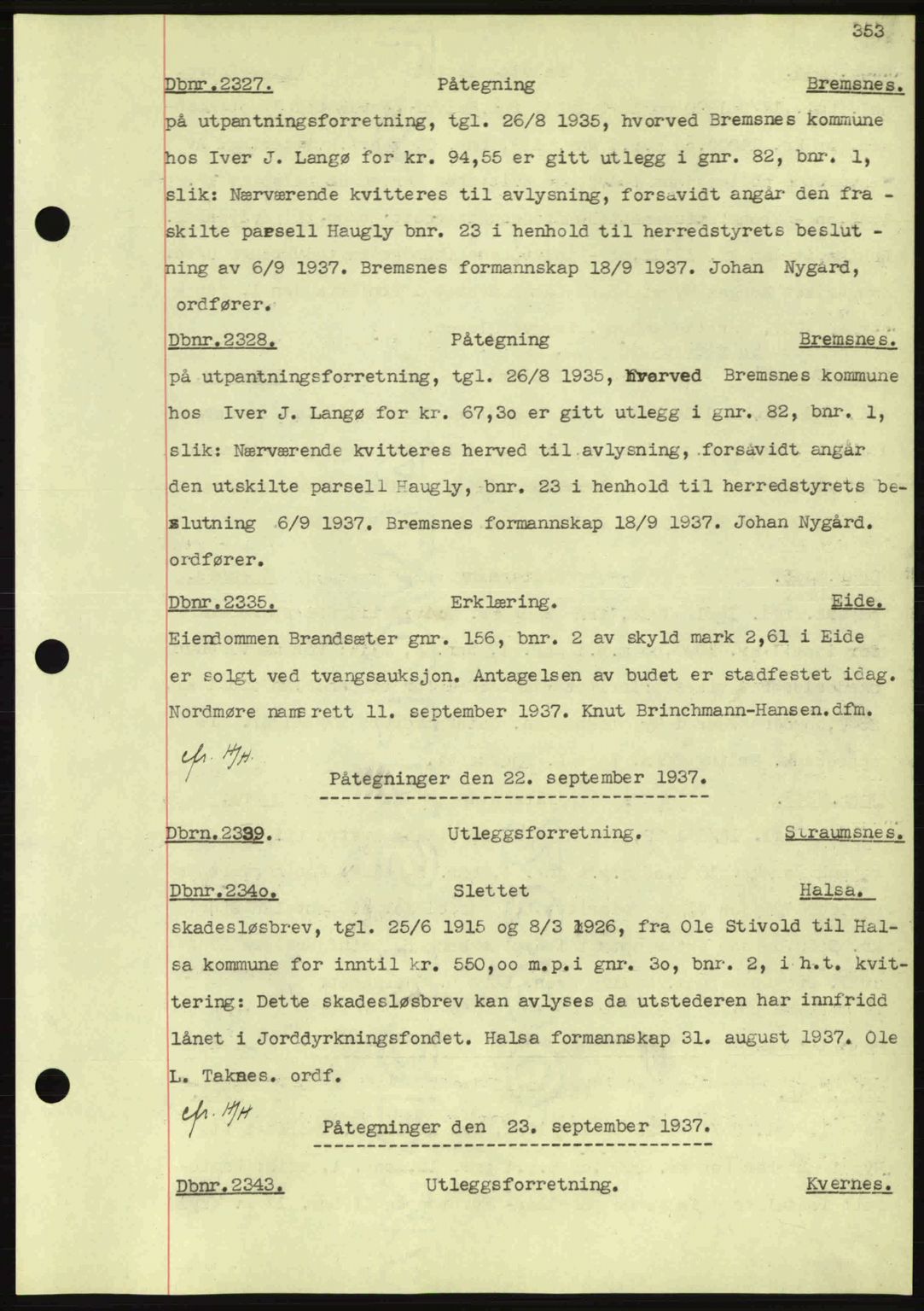 Nordmøre sorenskriveri, SAT/A-4132/1/2/2Ca: Pantebok nr. C80, 1936-1939, Dagboknr: 2327/1937