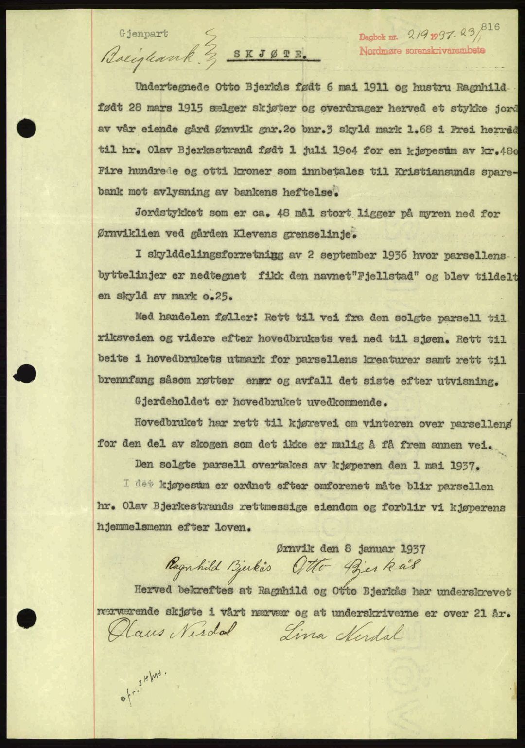 Nordmøre sorenskriveri, SAT/A-4132/1/2/2Ca: Pantebok nr. A80, 1936-1937, Dagboknr: 219/1937